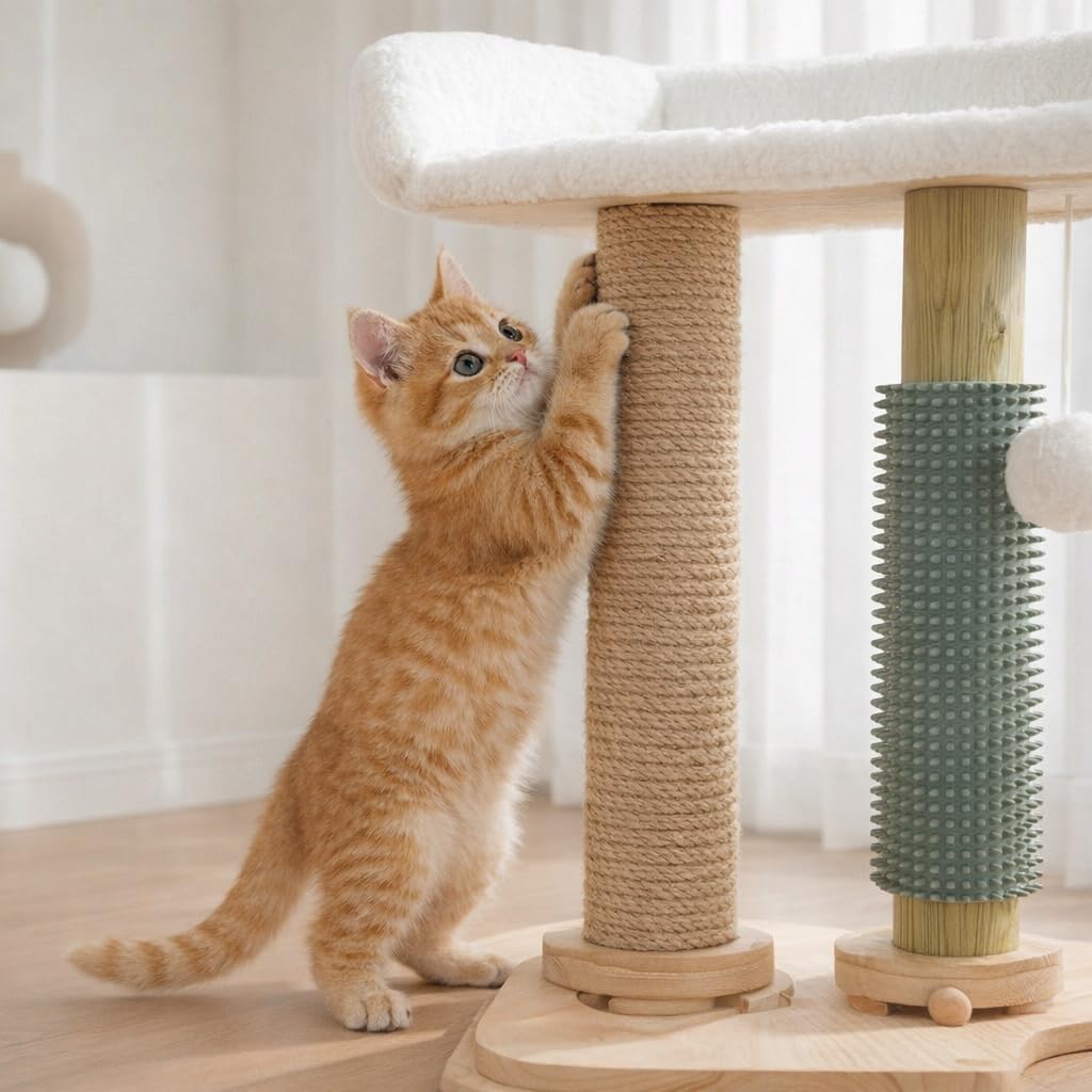 4-in-1 Small Cat Tower with Bed for Kittens, Cat Tree with Cat Self Groomer Brush, Track Balls, Natural Sisal Cat Tower with Interactive Toy, Scratching Post for Indoor Cats