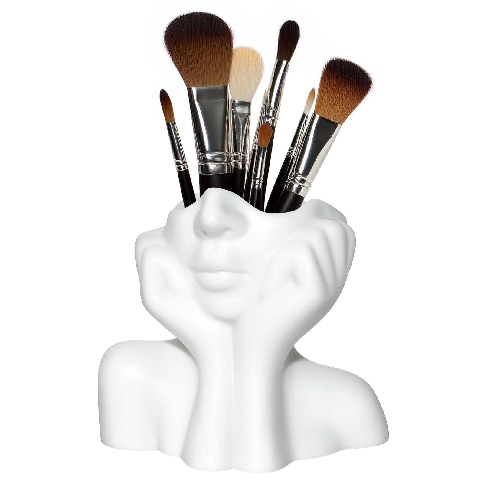 White Face Makeup Brush Holder Organizer, Female Form Head Half Body Cosmetic Tools Storage Cup, Funny vinyl Pen Holder for Desktop, Office, Bathroom, Living Room, Freestanding Home Decor