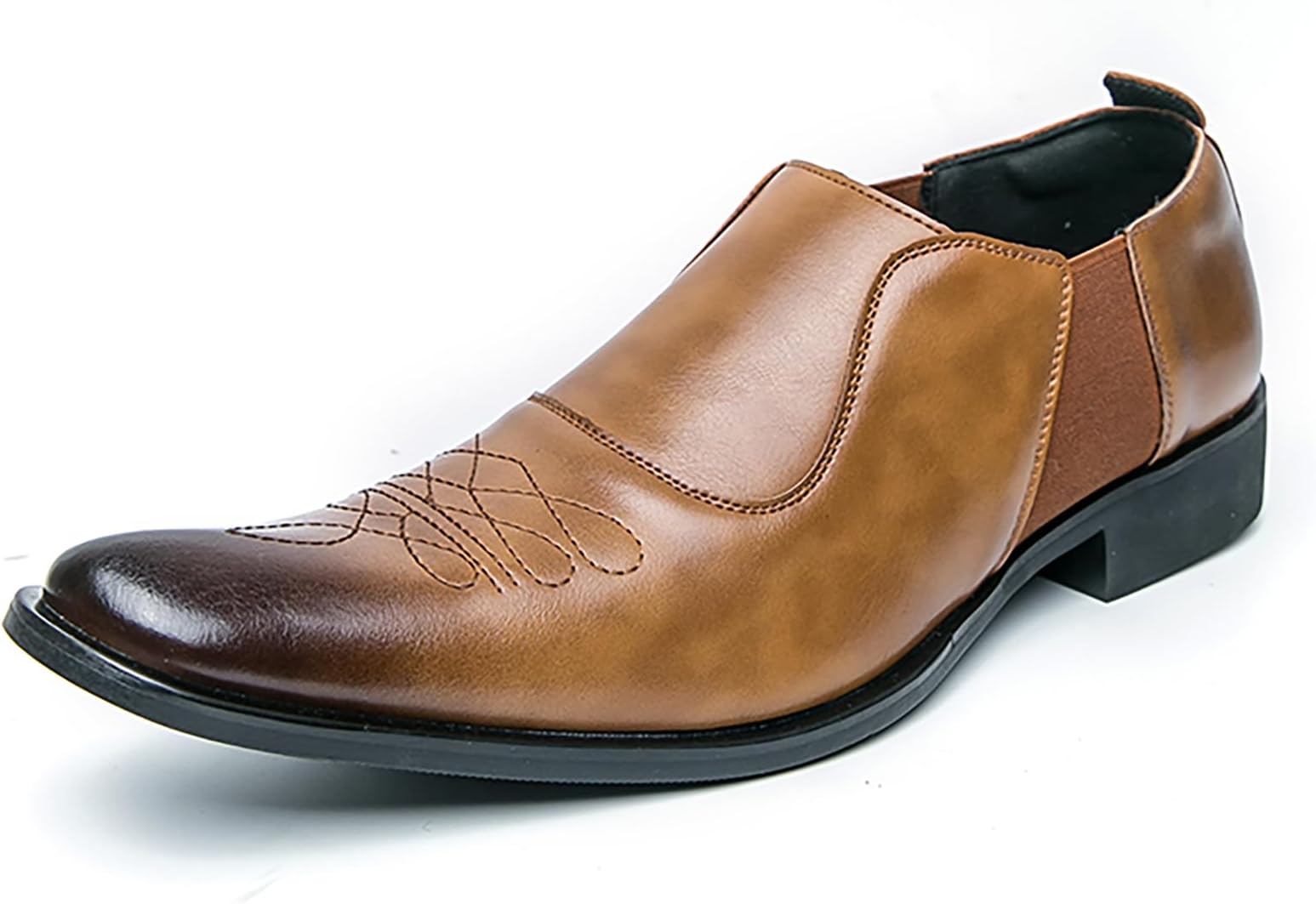 Men's Leather Embroidery Plain Toe Formal Dress Loafers Comfortable Square Toe Low Chunky Heel Classic Slip-on Penny Loafers for Business Casual Driving Work Oxfords