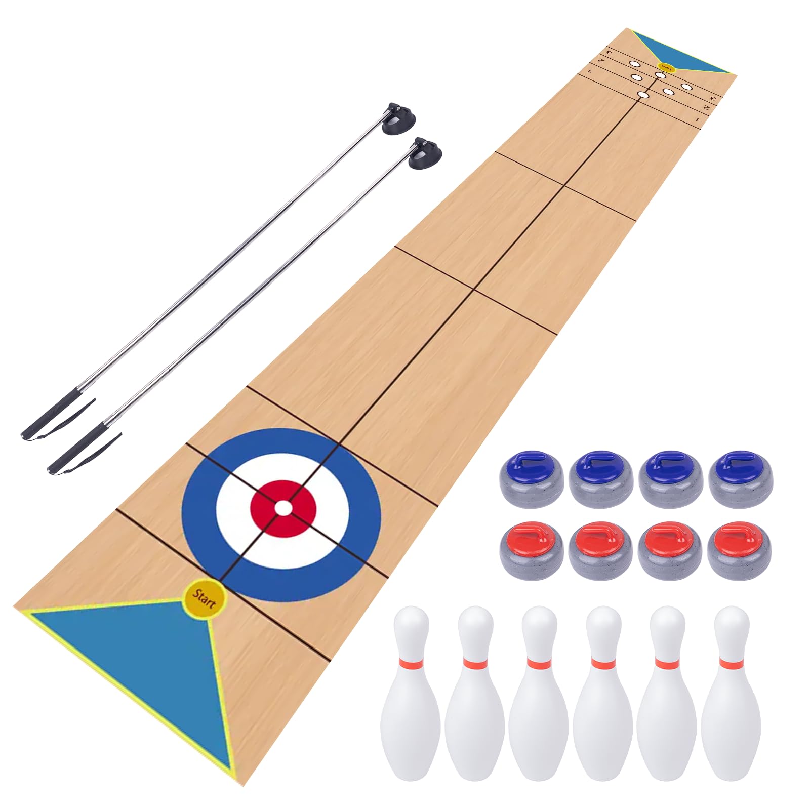 Shuffleboard, Curling and Bowling 3 in 1 Board Game Set,with 8.98 Foot Game Mat,2 Cues,8 Curling Rocks,6 Bowling Pins,Fun Family Game