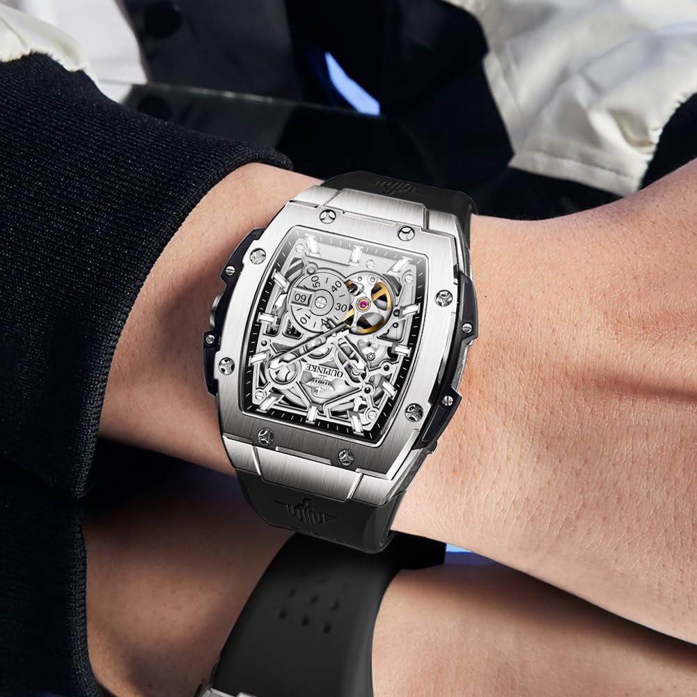 OUPINKE Watch Men Self Winding Luxury Skeleton Mechanical Business Dress Square Wrist Watches Calendar Black Watches
