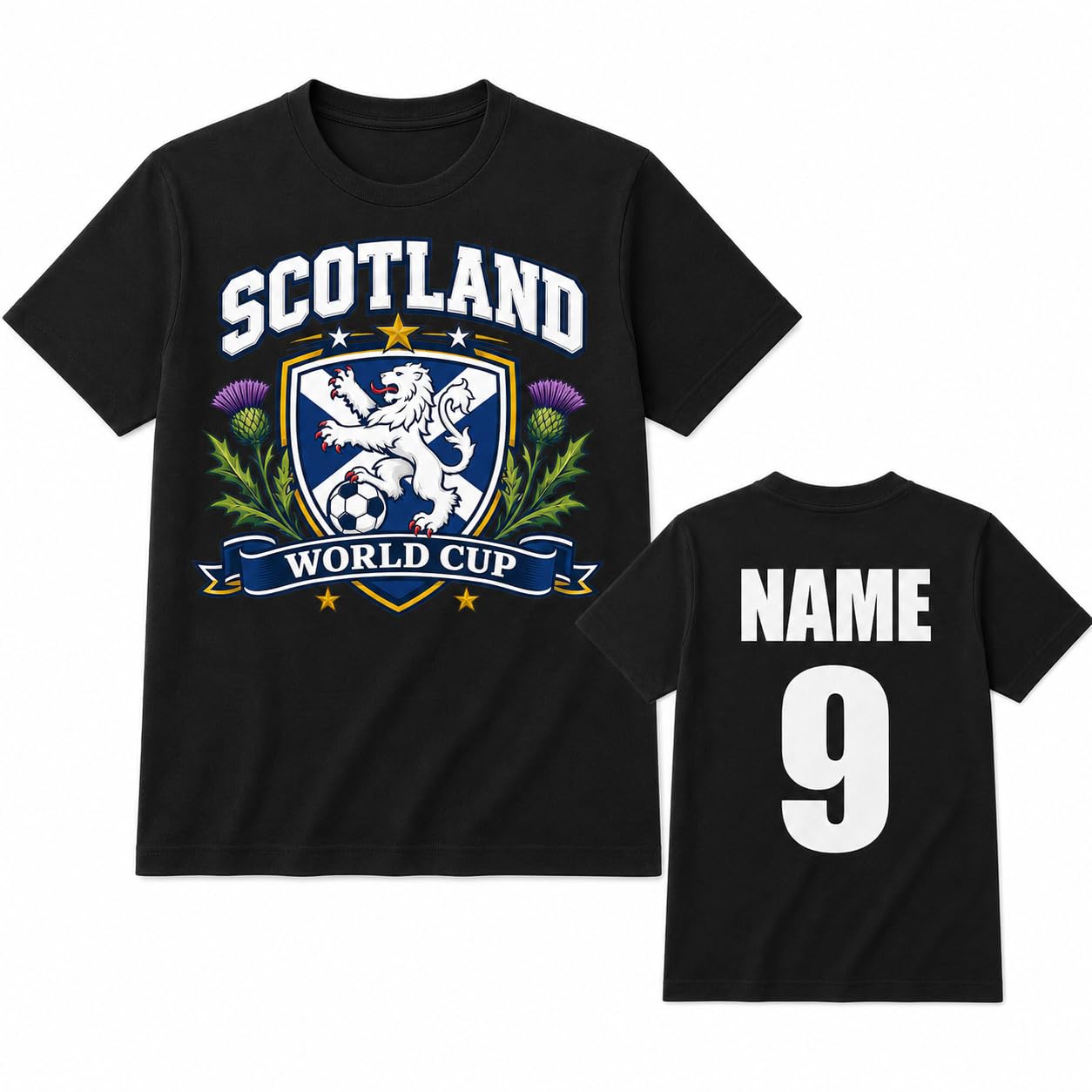 Mens Personalised Scotland Saltire Thistle World Cup T Shirt Custom Name Number Football Fan Tee (UK, Alpha, S, Regular, Regular, Black)