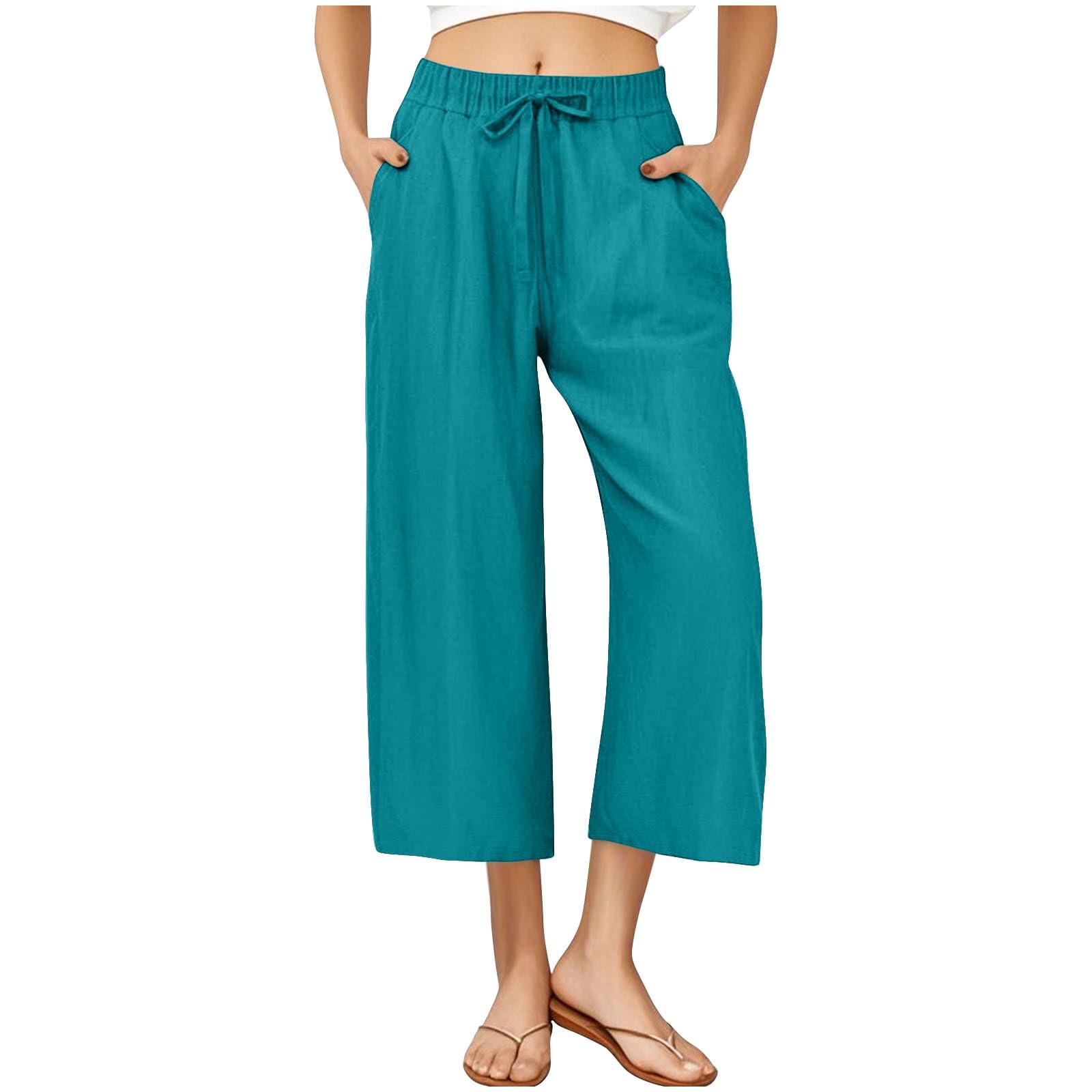 RLEHJN Damen Hosen,Weite Lose Gerade Geschnitten Palazzo Hose Hohe Taille Dehnbar Lounge Elegante Freizeithose Einfarbig Jogginghose Sommer Strandhose Freizeithose Stoffhose mit Tunnelzug und Taschen