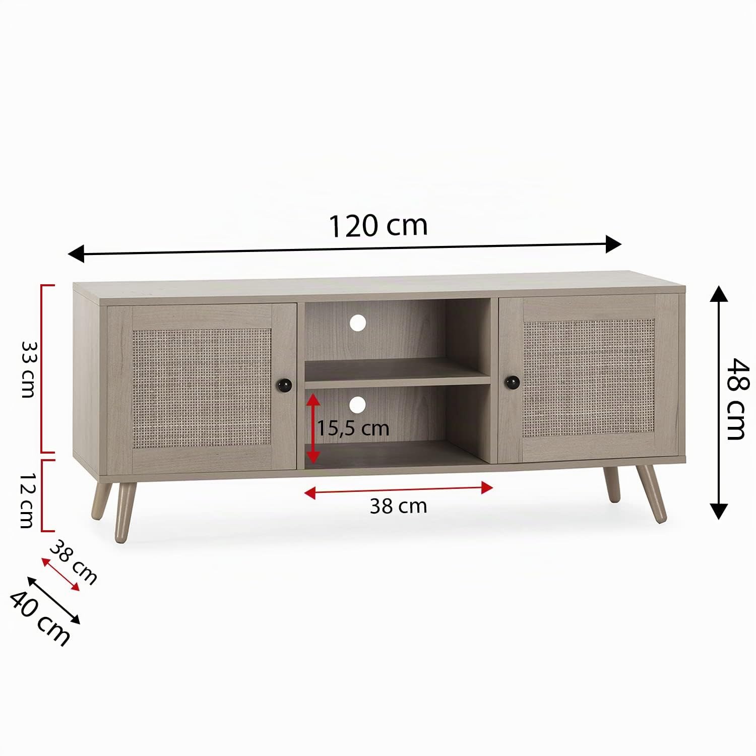 HOMN LIVING Mueble TV Bella 2 Puertas Color Roble con ratán Natural, 120 cm (Ancho) 40 cm (Profundo) 48 cm (Altura)