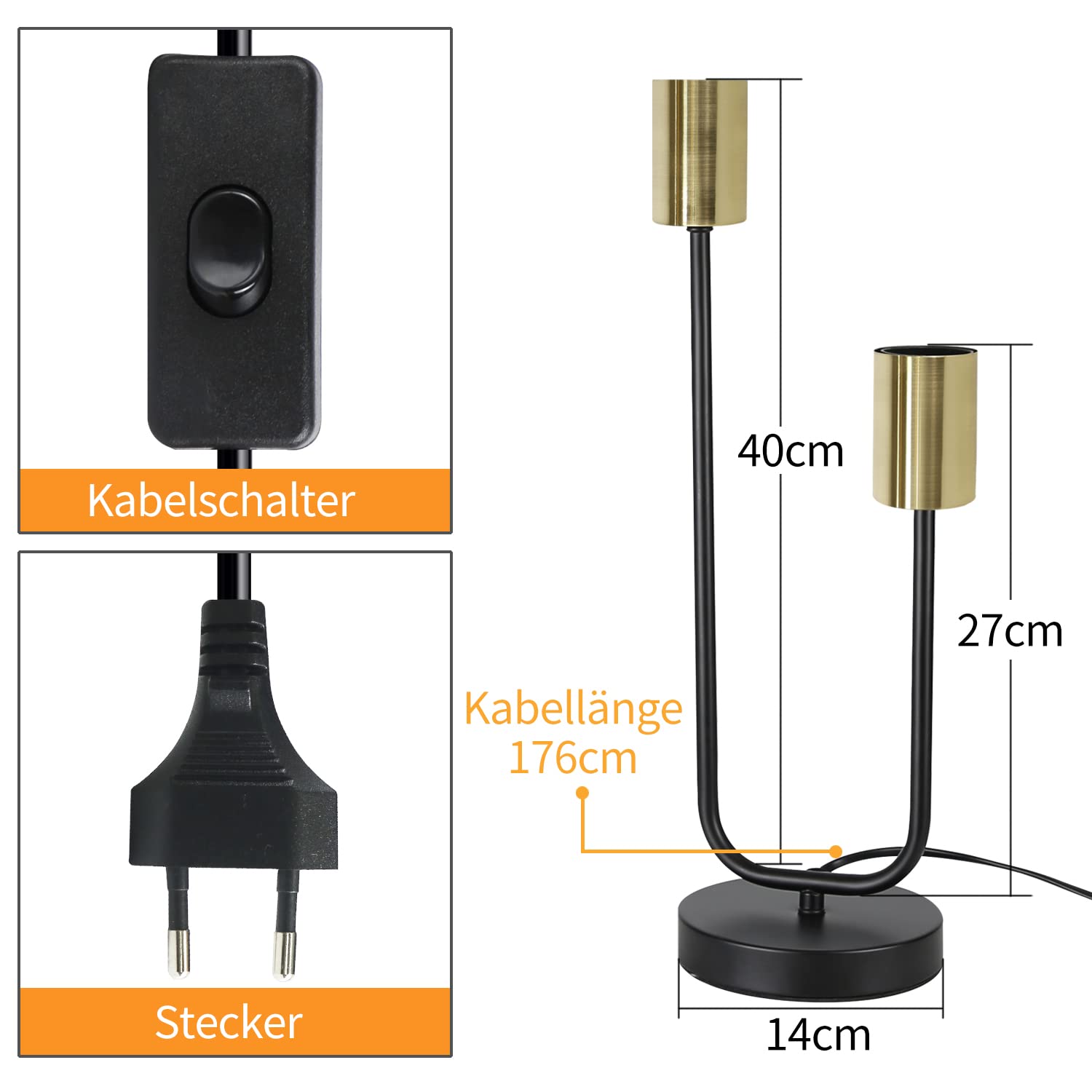 CBJKTX 2er Tischlampe Vintage Tischleuchte E27 - Retro Nachttischlampe in | Schwarz Gold mit 2 Flammig Industrial Schlafzimmer Nachtlicht aus Metall Schreibtischlampe mit Kabel für Wohnzimmer