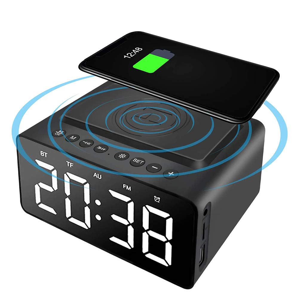 ERNZI Sveglia Altoparlante Bluetooth da comodino Radio FM Non ticchettante con caricatore USB e ricarica wireless QI, Display a led dimmerabile digitale a 3 livelli