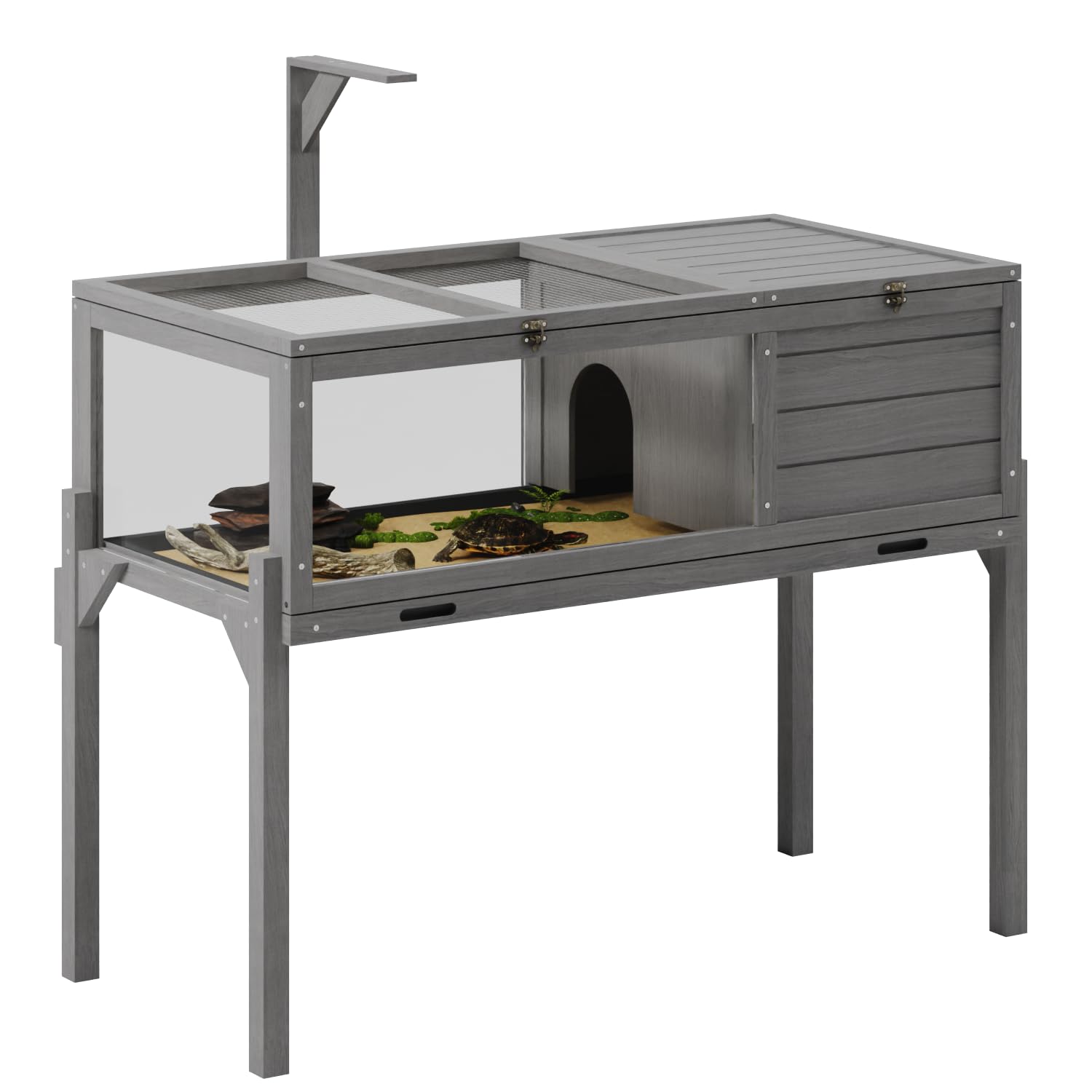 Tortoise Habitat with Lamp Holder, Turtle Enclosure Indoor/Outdoor, Wooden House for Small Animals, Reptile Terrarium Table with Detachable Legs