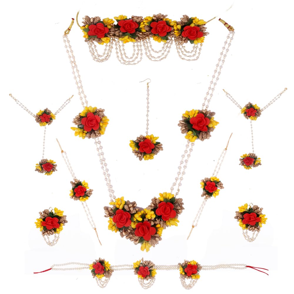 Latest Multicolour Bridal Flower Jewellery Set for Haldi Gota Patti Necklace Earrings, Bracelet & Maang Tika for Women & Girls (Mehandi/Haldi/Wedding/Bridal/Baby Shower)-image-5