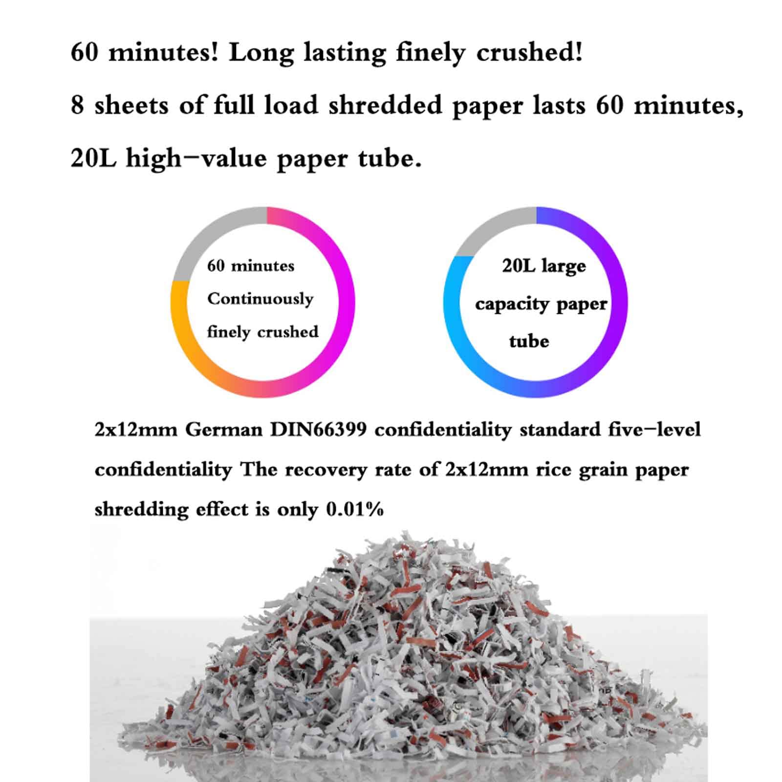 Distruggidocumenti Commerciale da 8 Fogli, 20 Litri di Grande capacità, riservatezza a Cinque Livelli, 60 Minuti di Lavoro Continuo, Protezione da surriscaldamento, 350x255x535mm