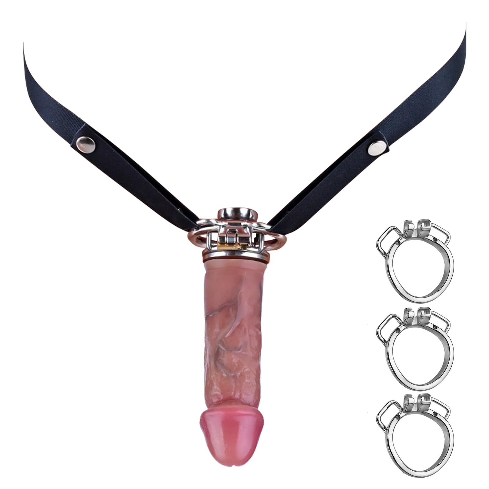 Men's Chastity Cage - Innovative 3 Ring with Fixed Chastity Belt Devices, Silicone Realistic Penis Dildos for DIY, Removable Negative Male Stainless Steel Cock Cage（with 5.31-inch Dildo）
