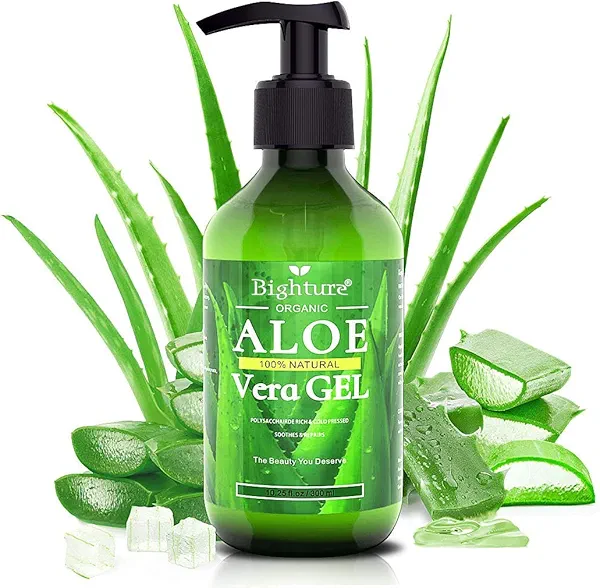 BIGHTURE Aloe Vera Gel, 100% Aloe Vera Organic from Freshly Cut Aloe Leaves, Skin Care for Deeply & Rapidly Soothing, Firming, After Shave, Sunburn Relieve, etc