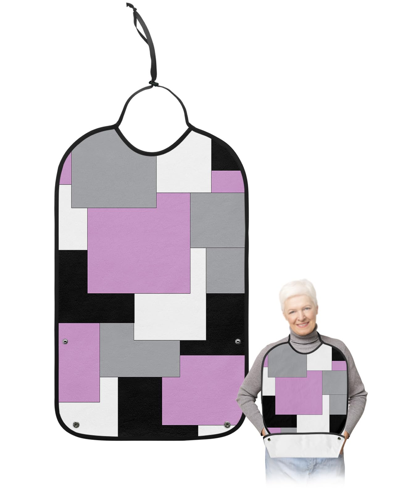 LEOKOTI Pink Grey Black Geometric Adult Bibs for Eating, Waterproof Bibs with Food Catcher & Adjustable Snap Closure, Middle Century Art Abstract Aesthetics Clothing Protectors Adult Bibs for Elderly
