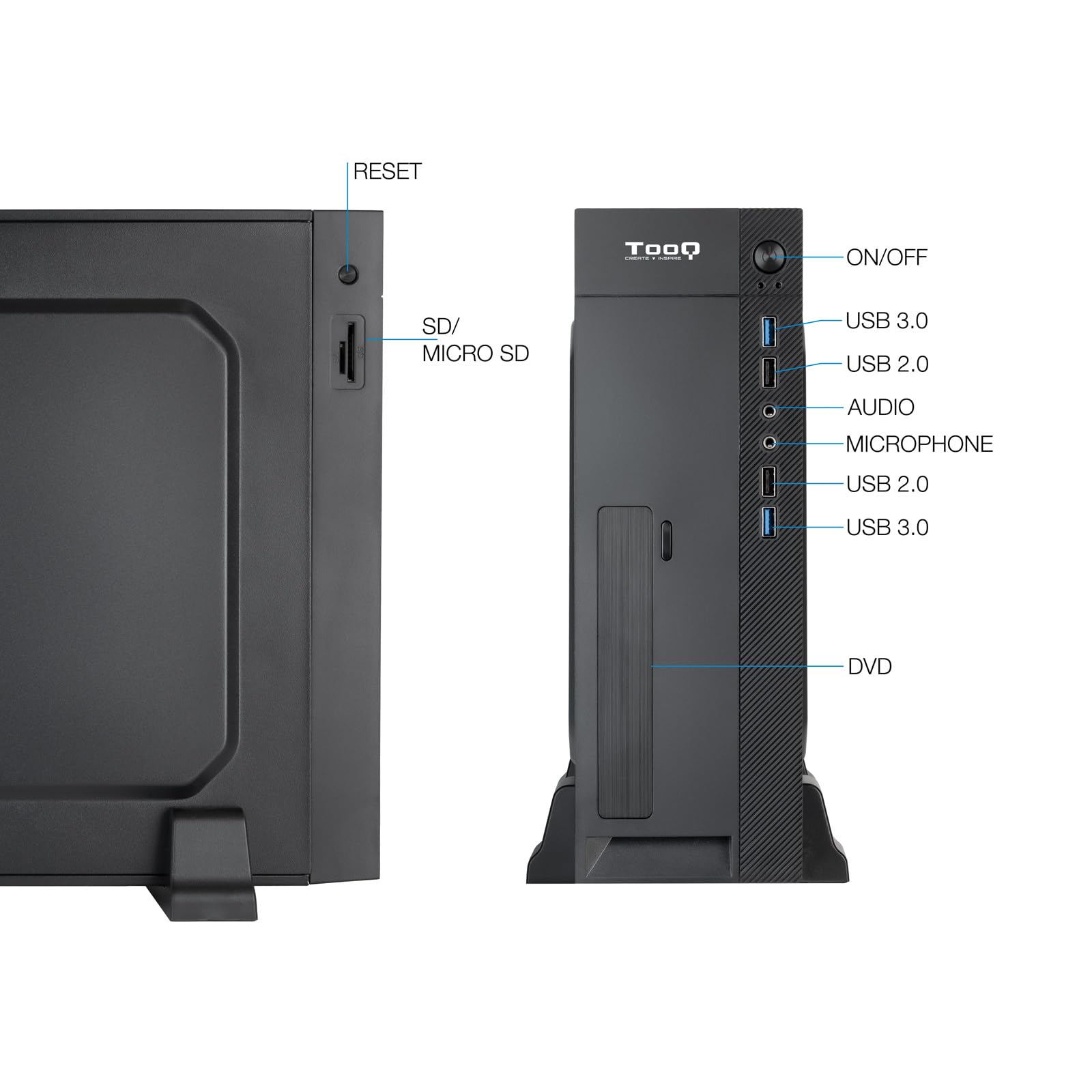 TOOQ TQC-3008U3C - Caja Slim Micro-ATX/Mini-ITX, Lector de Tarjetas SD/TF, Incluye Fuente de Alimentación Micro-ATX/SFX 500W, Color Negro