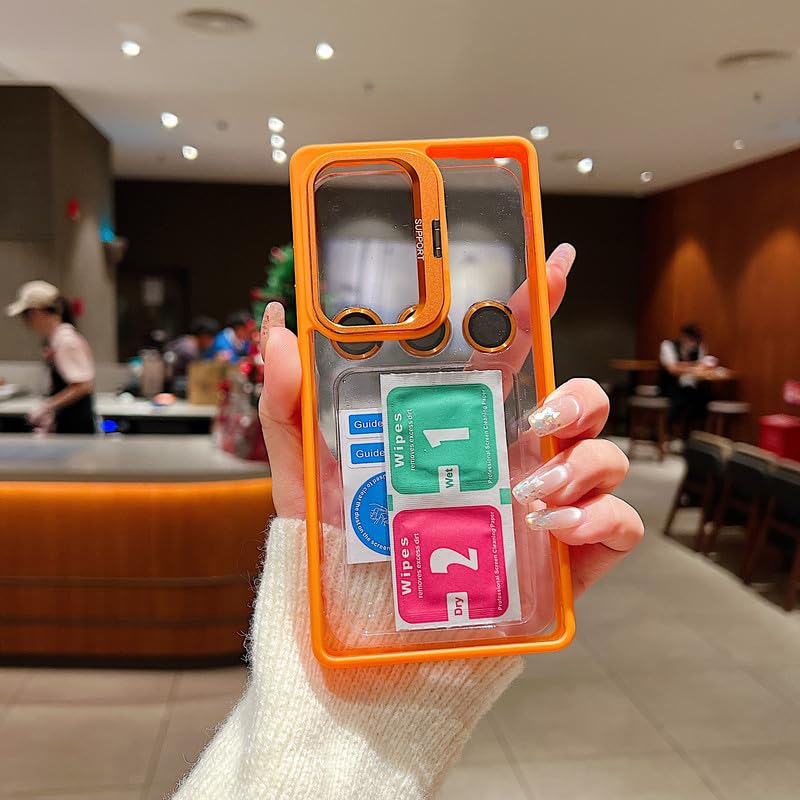 Image of Clear Case for Samsung Galaxy S24 Ultra | Metal Lens Protector & 180 Rotating Bracket | Shockproof Transparent Hard Back Cover with Soft TPU Frame - Orange