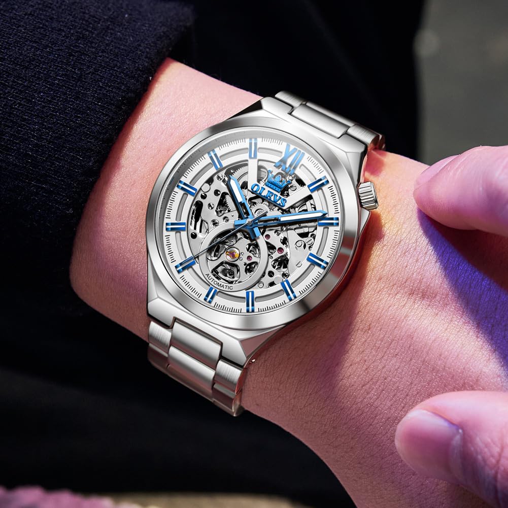 OLEVS Herren-Skelett-Uhren, automatisch, selbstaufziehend, mechanisch, Designer-Luxuskleid, Edelstahl, wasserdicht, Original-Armbanduhr für Herren