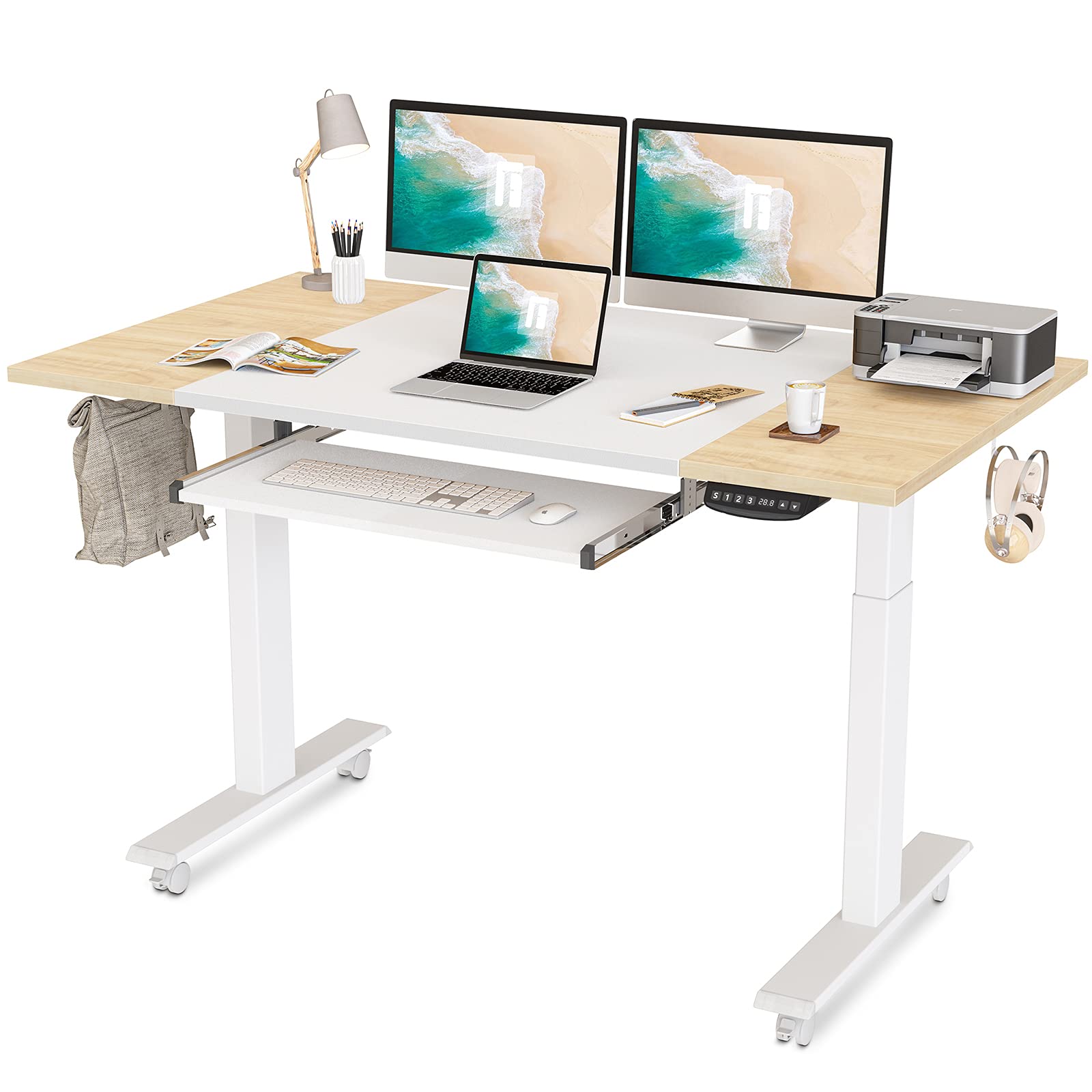 FEZIBO Dual Motor 63 x 24 Inch Height Adjustable Electric Standing Desk with Keyboard Tray, Sit Stand Table with Splice Board, White Frame/Natural and White Top