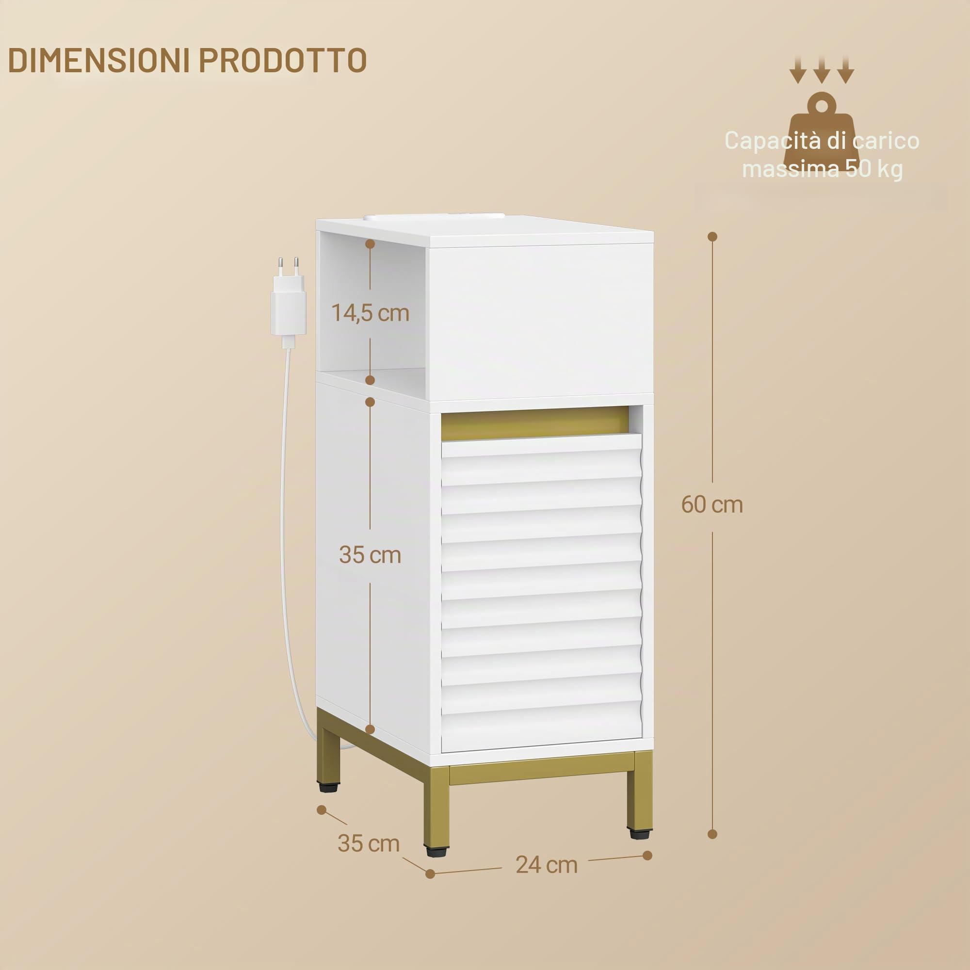 Hzuaneri set da 2 Comodino, tavolino stretto con illuminazione a LED, 1 porta USB-A, 1 porta USB-C, comodino con scomparto laterale aperto, per camera da letto, soggiorno, Bianco-Oro NS00603G