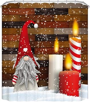 Christmas Gnome Snowman Shower Curtain Waterproof Polyester Snowflake Gnome Snowman with Candle Christmas Shower Curtain with Hooks Bathroom Decor 72 x 72 Inches