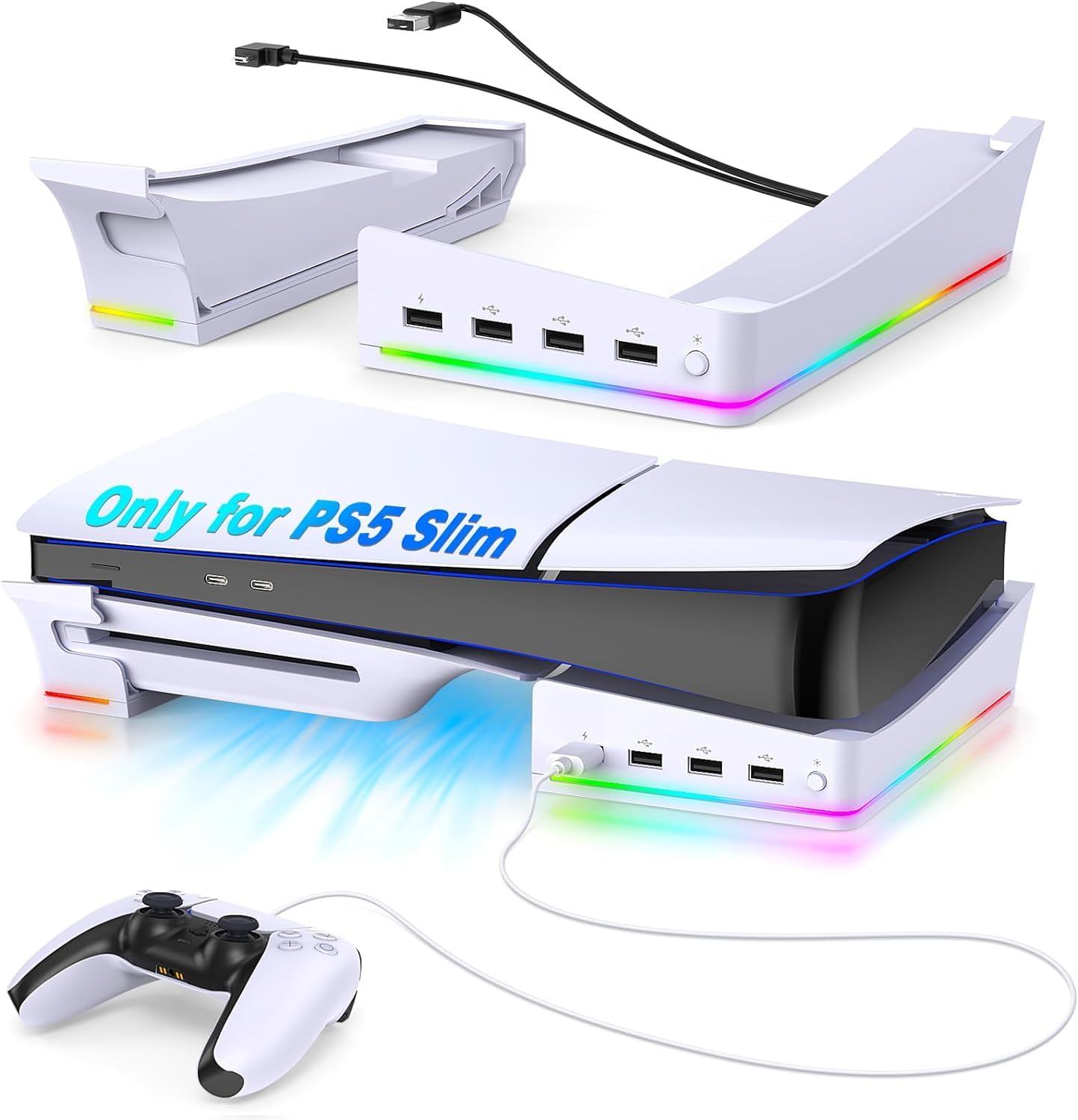 New World RGB Horizontal Stand for PS5 Slim Console Accessories with 14 Light Mode and 4 USB Hubs, Side Stand for Playstation 5 Slim Disc & Digital, Base Holder with Fast Controller Charging