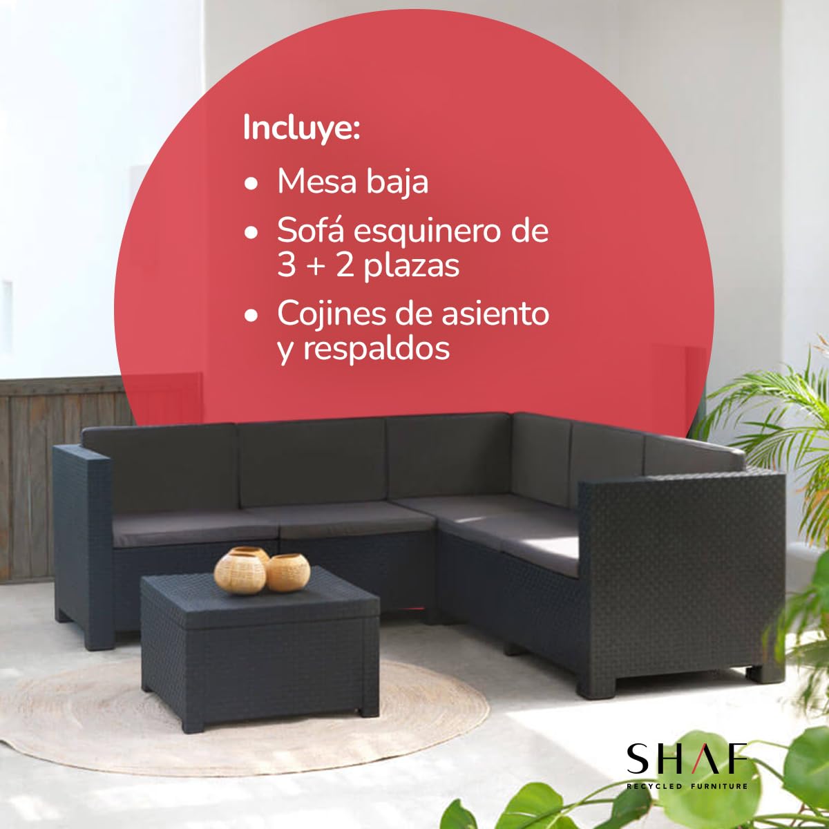 SP Berner - Set de Muebles de Jardín y Terraza Oasis Color Grafito - Tres Piezas - Sofá Canapé 3 y 2 Plazas y Mesa de Centro con Almacenaje - Fabricado en España con Plástico Reciclado