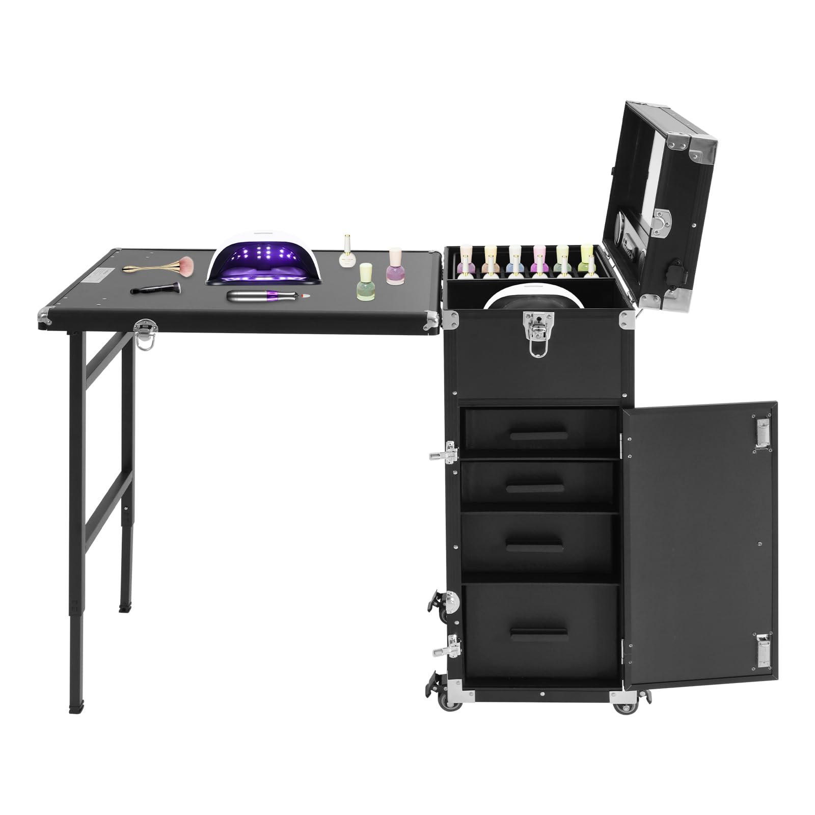 Rolling - Tavolo per manicure, per trucchi, pieghevole, con conservazione, ruote a 360° con freni, per salone di bellezza e uso domestico, Nero , moderno