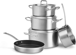 Set di pentole Tim Mälzer Tri-Ply 3x pentole con coperchio in acciaio inox, 1x pentola con manico extra lungo, Adatto per l'induzione - 4 pz.