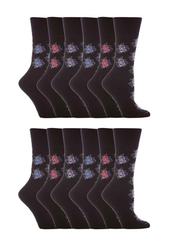 SockShop 12 Pairs Women's Cotton Gentle grip socks 4-8 uk, 37-42 eu Flowers GG32