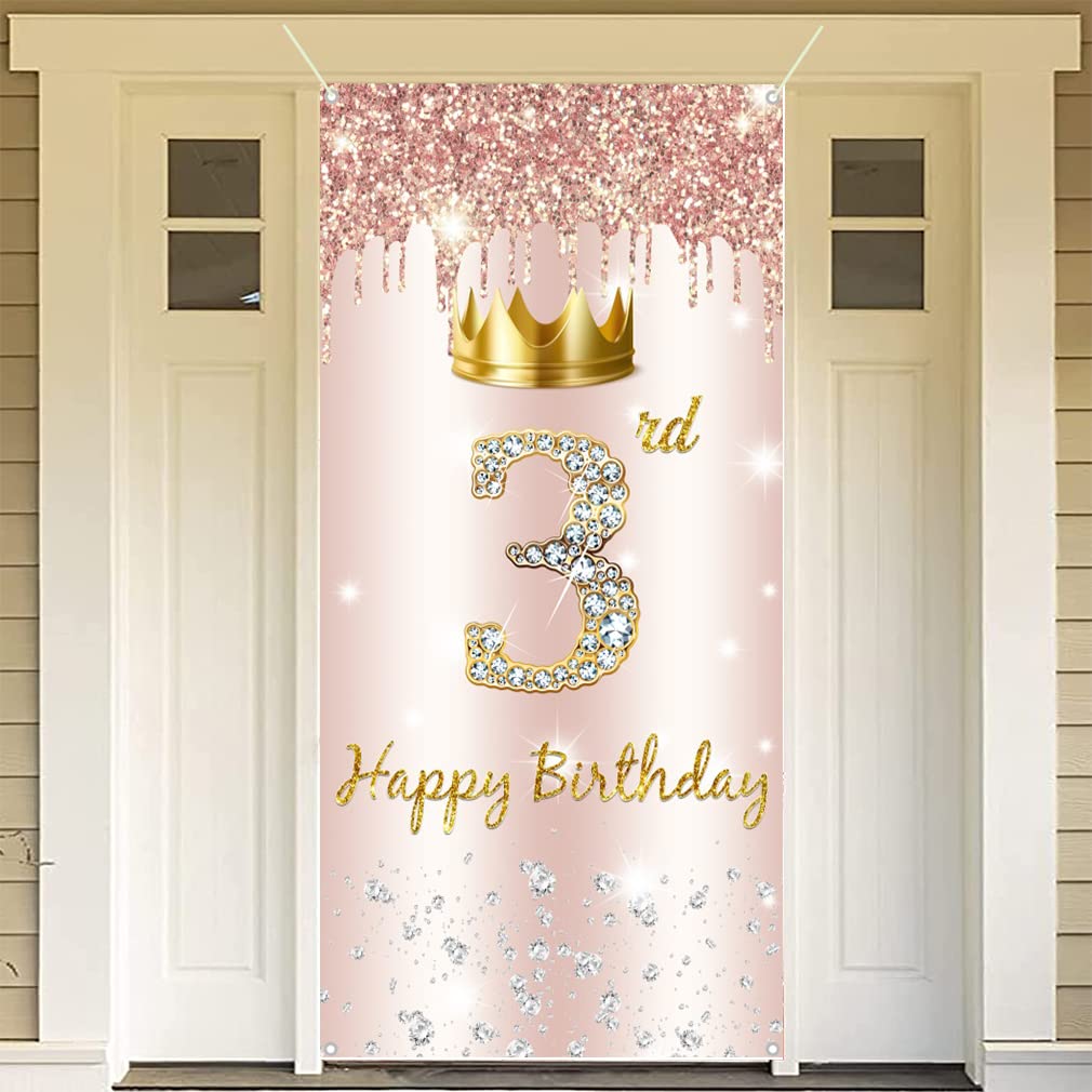 3. urodziny dziewczyna dekoracja, Happy 3 Birthday, baner do drzwi w kolorze różowego złota, 3. urodziny materiał szyld plakat dekoracja drzwi, baner, tło 3. urodziny baner, dekoracje urodzinowe