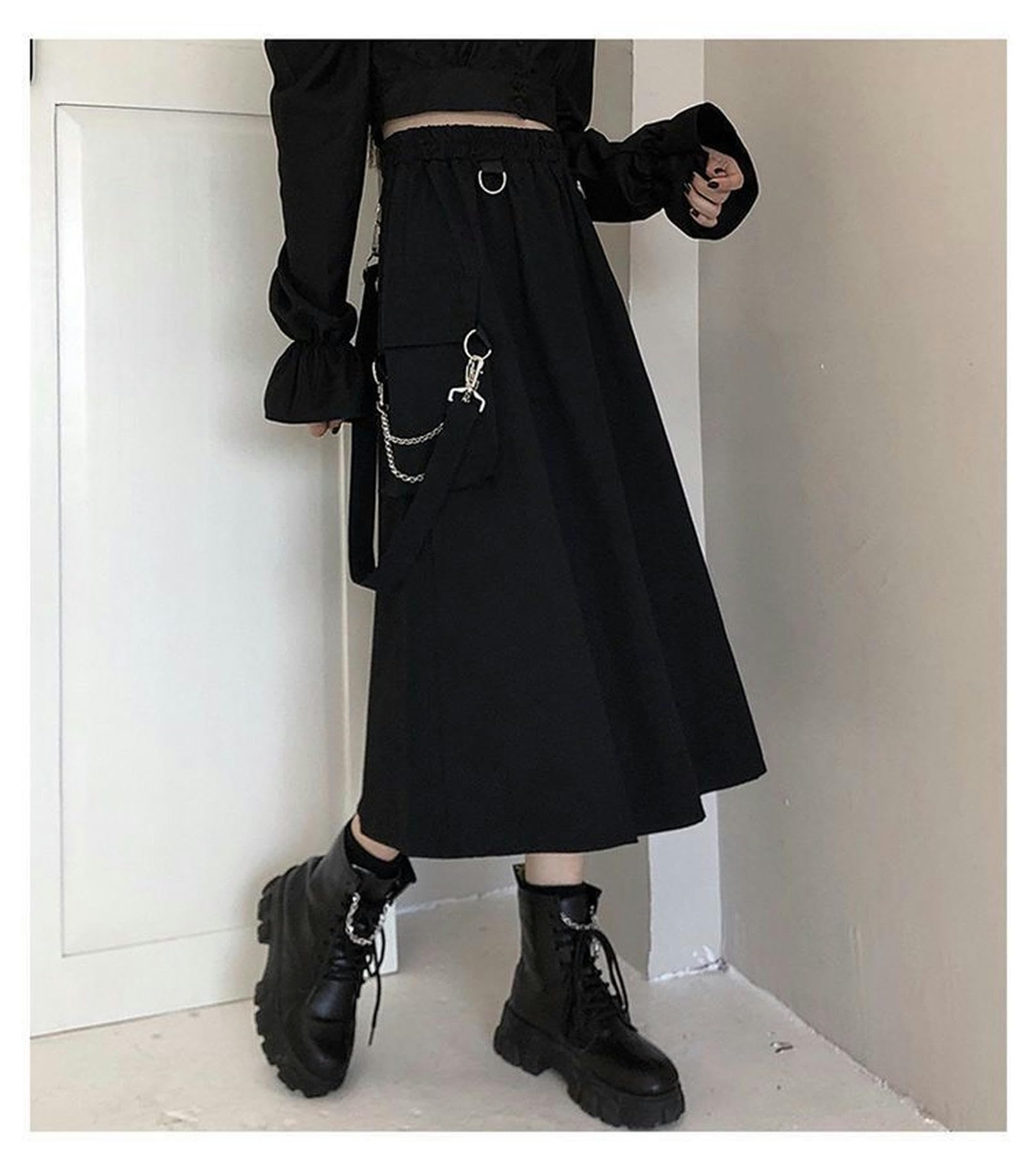 Falda de Verano para niñas, Estilo Harajuku, Falda Blanca, Negra (con Cadena) - XL
