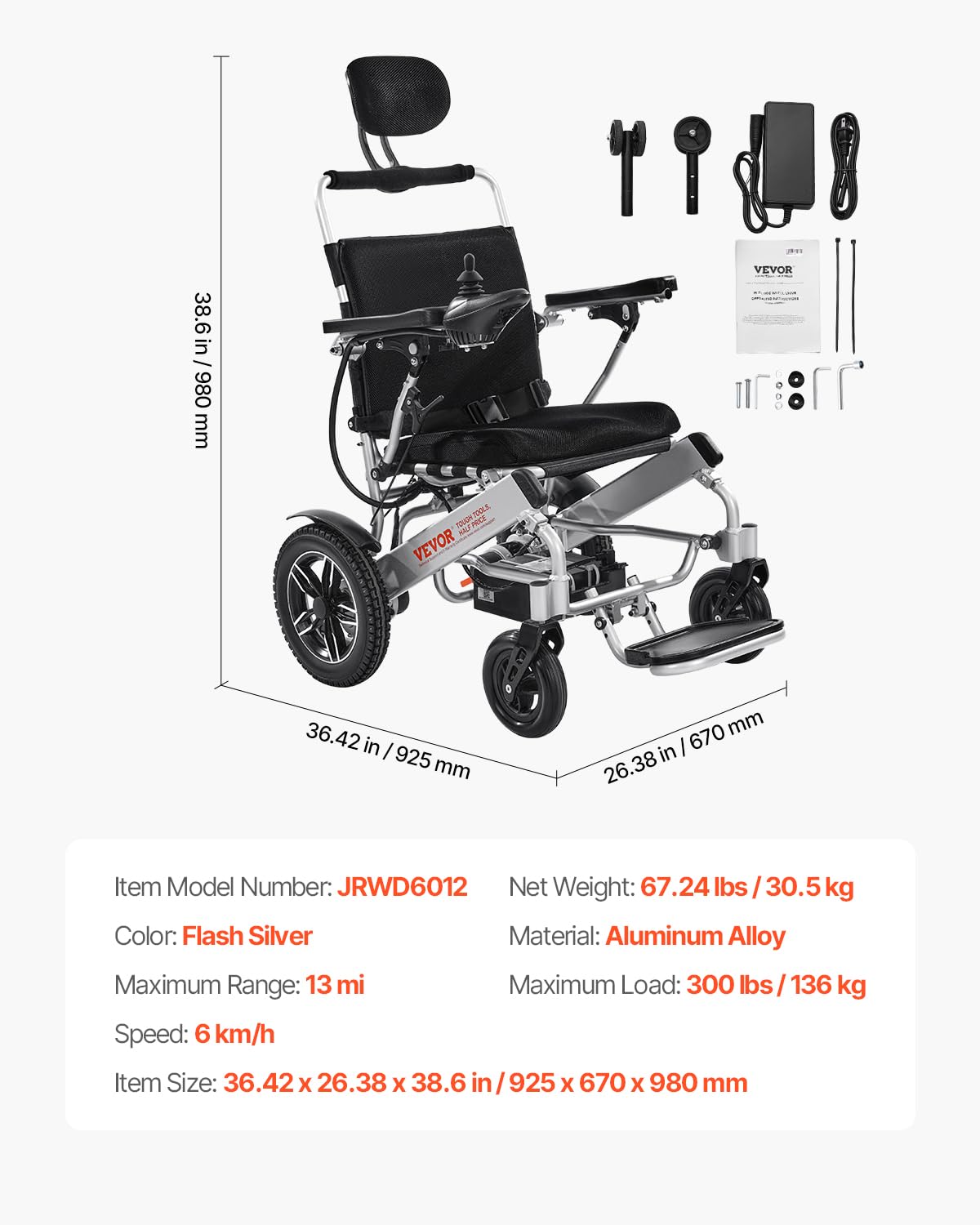 VEVOR Silla de Ruedas Eléctrica para Adultos Capacidad de 136 kg Respaldo Ajustable Plegable Ligera Motorizada Autonomía de 21 km Asiento de 53 cm Todoterreno para Personas Mayores, Discapacitadas