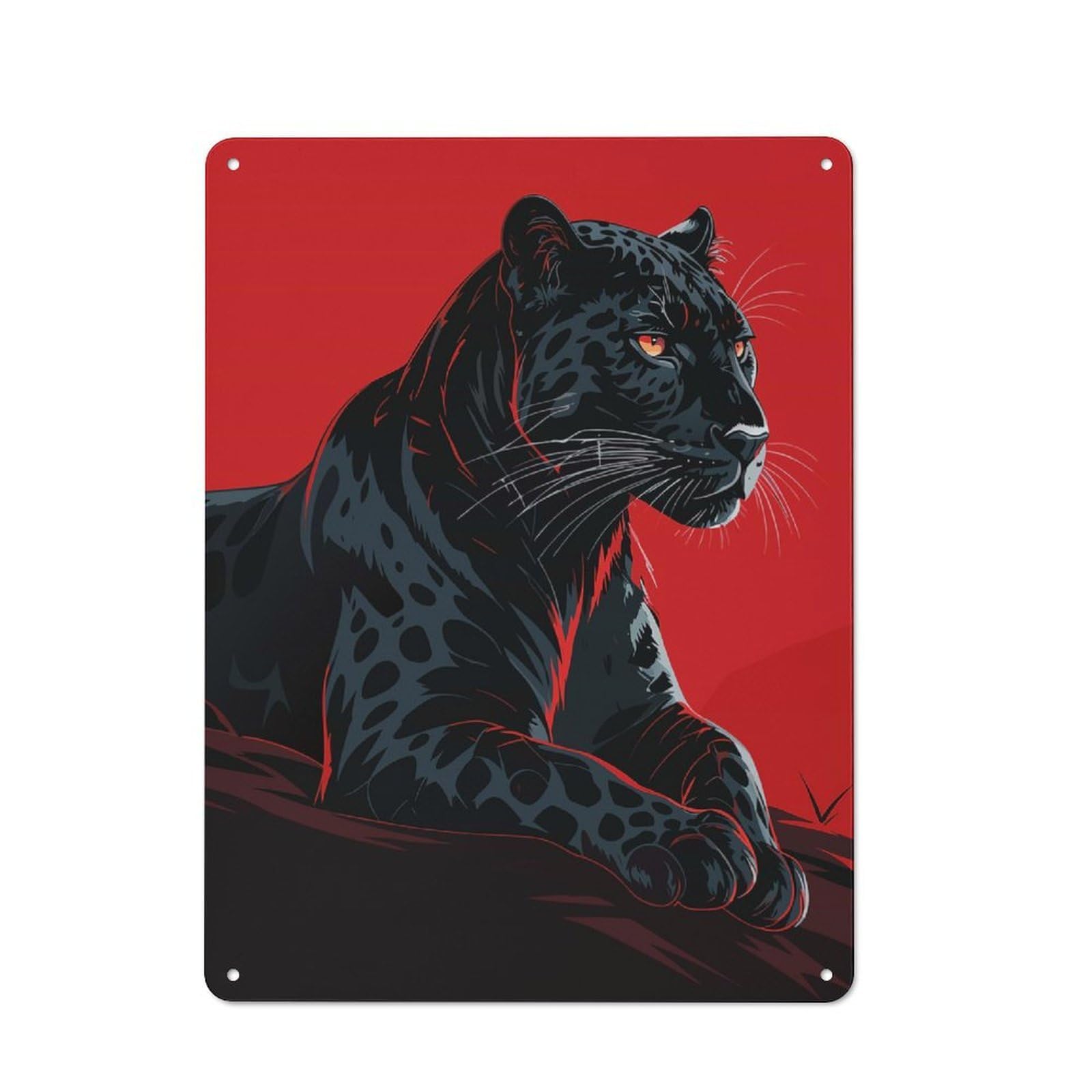 Junmoney Black Panther Illustration On Red Background Metal Wall Sign 40X30cm, Modern Retro Loft Wall Plaque For Flat, Bar, Studio Or Gallery Wall