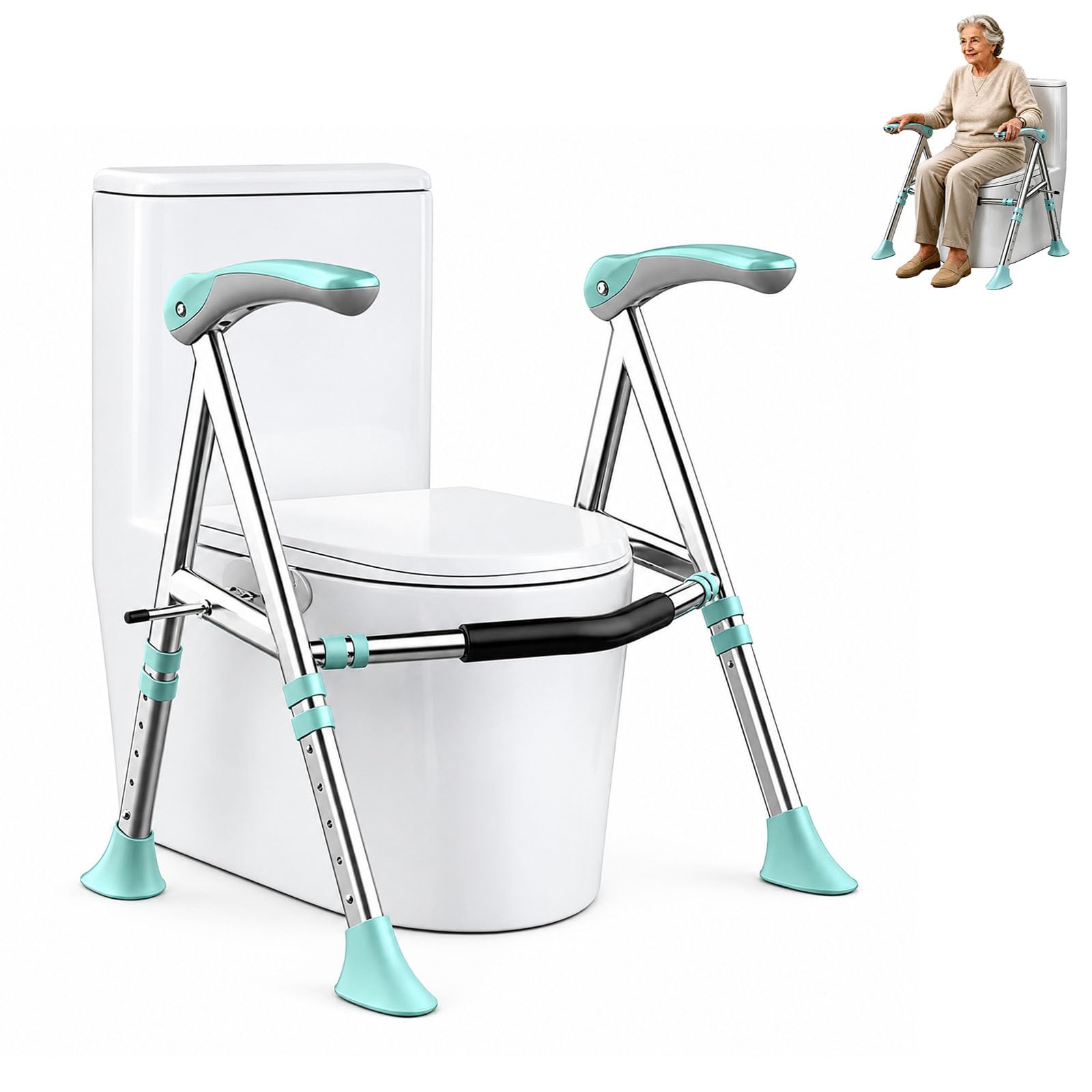 Toilet Safety Rails for Seniors – Heavy Duty Adjustable Toilet Safety Frame, Toilet Grab Bars for Seniors &amp; Elderly, Toilet Handles for Disabled with Non-Slip Grip, Stand Up Assist Rails for Home Care