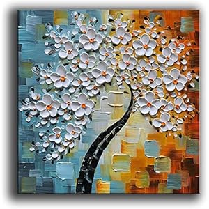 Fokenzary Handgeschilderde abstracte moderne bloemen dik 3D effect mes canvas schilderij ingelijst klaar om op te hangen (24×24″)
