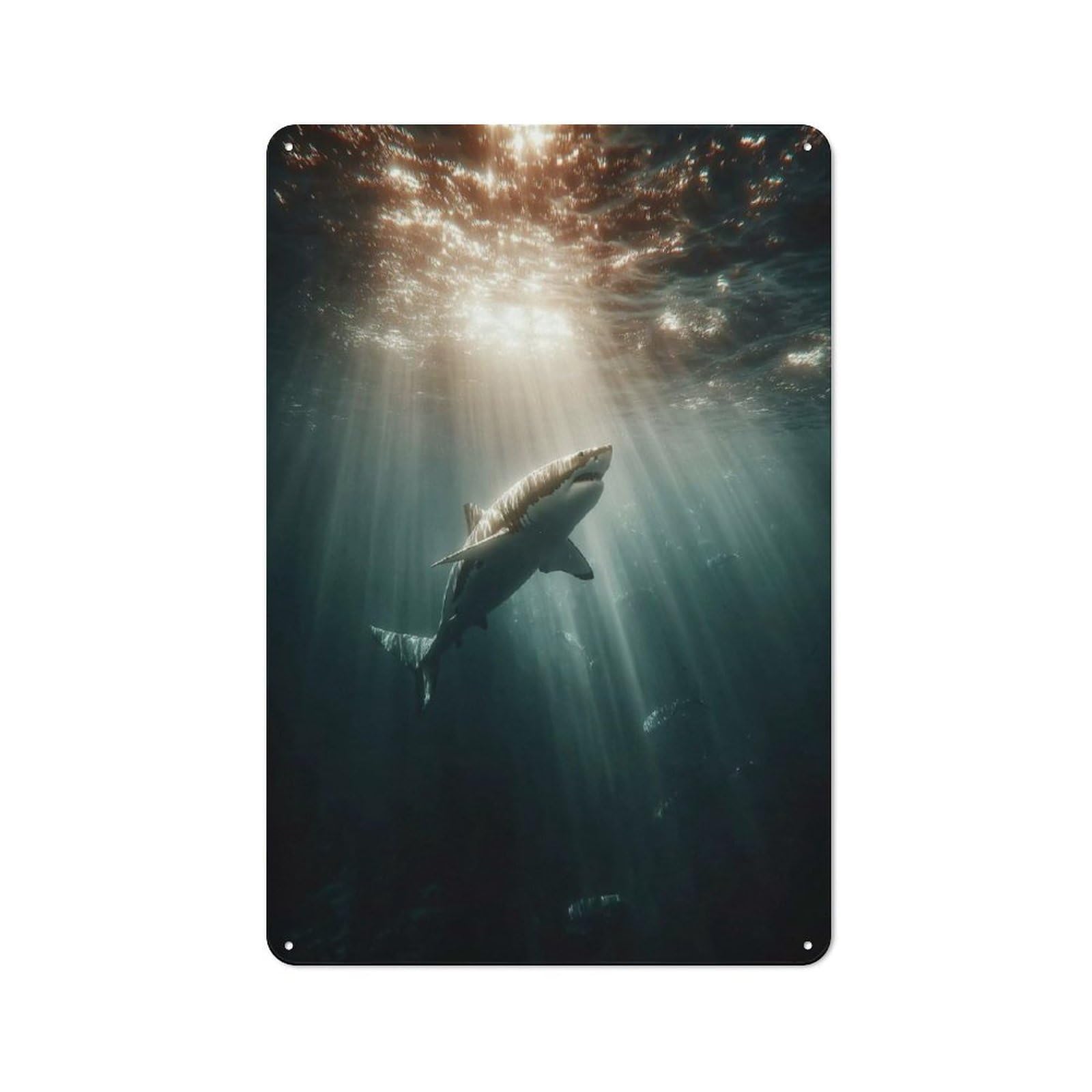 Junmoney Style-13 Great White Shark In Sunlit Ocean Depths Retro Metal Sign 30X20cm, Distressed Look Retro Room Decor For Living Room, Hallway, Kitchen Or Cafe