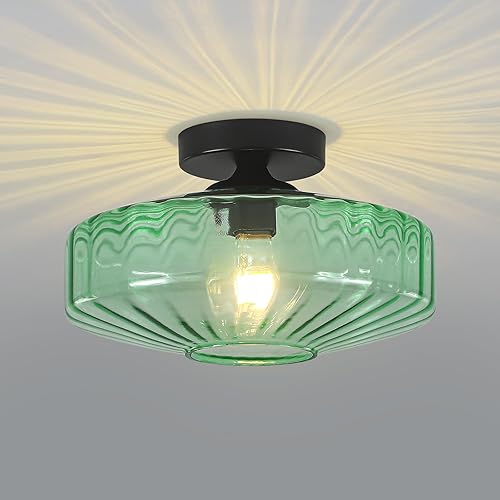 Lámpara de techo semiempotrada, 11.8 pulgadas, luces de techo de cristal verde vintage, 1 luz de mediados de siglo, moderna lámpara para dormitorio,