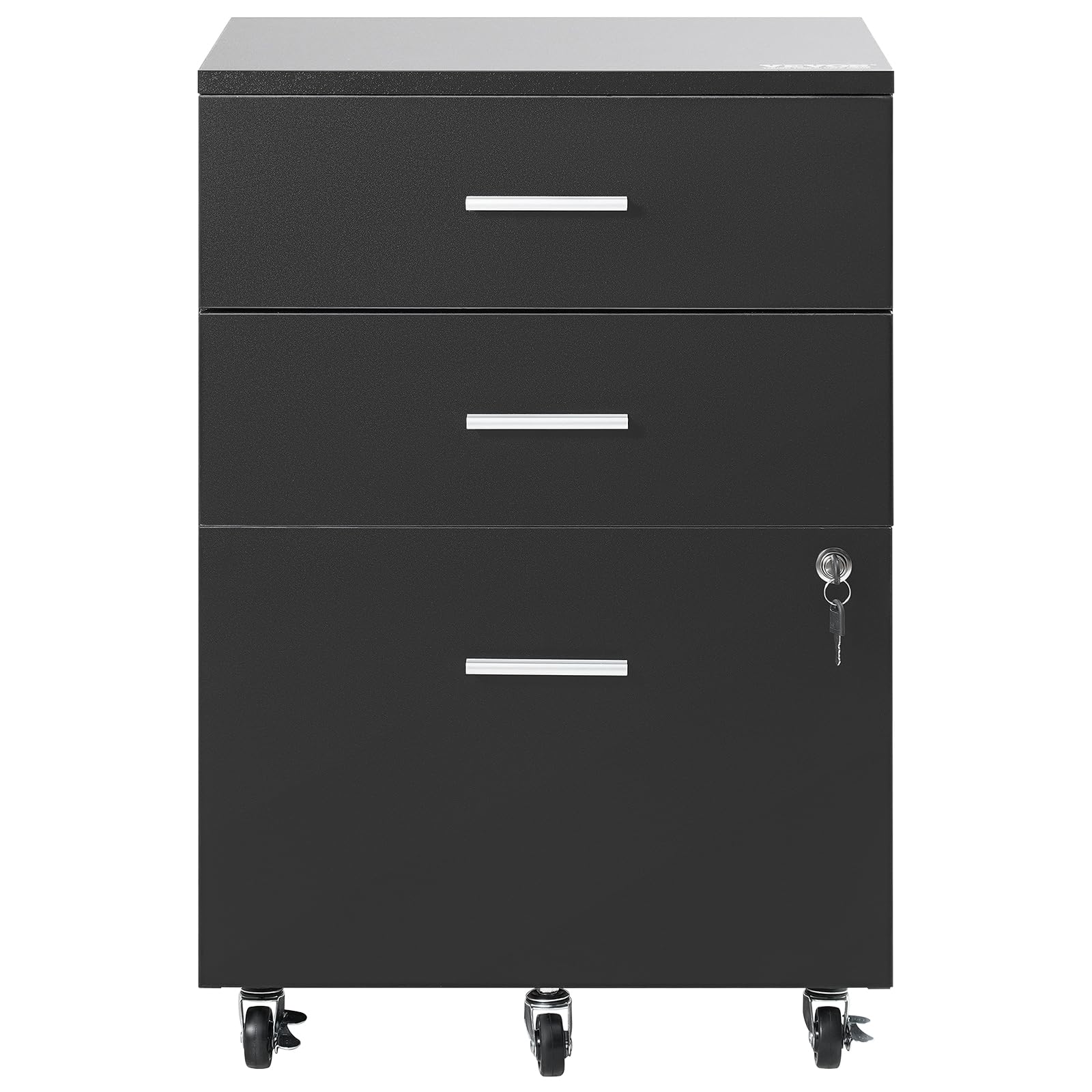 VEVOR Aktenschrank aus Holz mit 3 Schubladen, Aktenschrank mit Verschluss für Brief/A4-Format, 5 Rollen, Schwarz