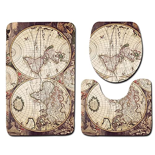 YouTownEU 3-teiliges Badezimmermatten-Set Weltkarten-Druck Weiche Toilettenmatten-Set Badematte Sockel Teppich Deckel…