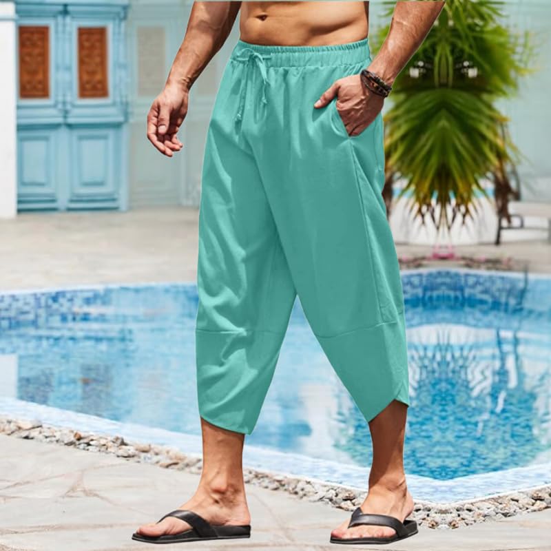 HOTYD Mens Cotton Linen Pants Elastic Drawstring Waist Lightweight Casual Beach Capri Pants Cropped Trousers with Pocket3