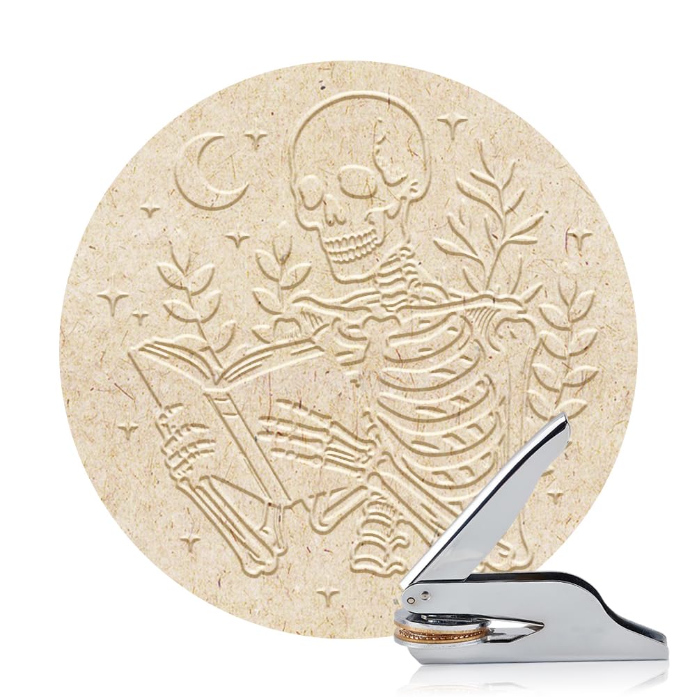 ANATTASOUL Timbro per goffratura personalizzato con motivo scheletro che legge, timbro per biblioteca durevole con manico, set per libri, biblioteca, buste, documenti, inviti (100 adesivi)