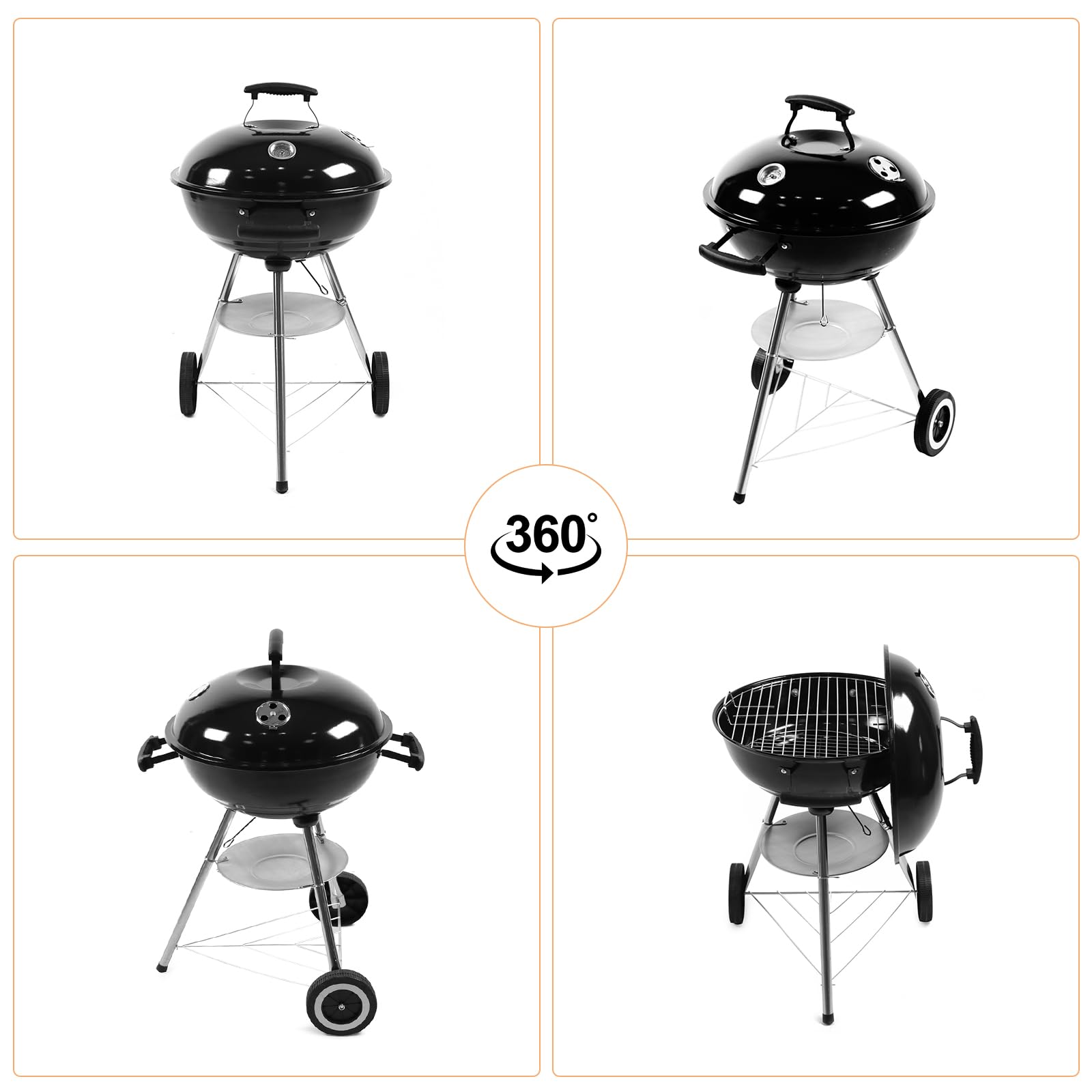 KONO Grill kulowy, grill na węgiel drzewny, grill piknikowy, ze stali nierdzewnej, mały grill z pokrywką, kółka, uchwyt ze stali nierdzewnej, termometr, grill kempingowy, zdejmowany grill do ogrodu,