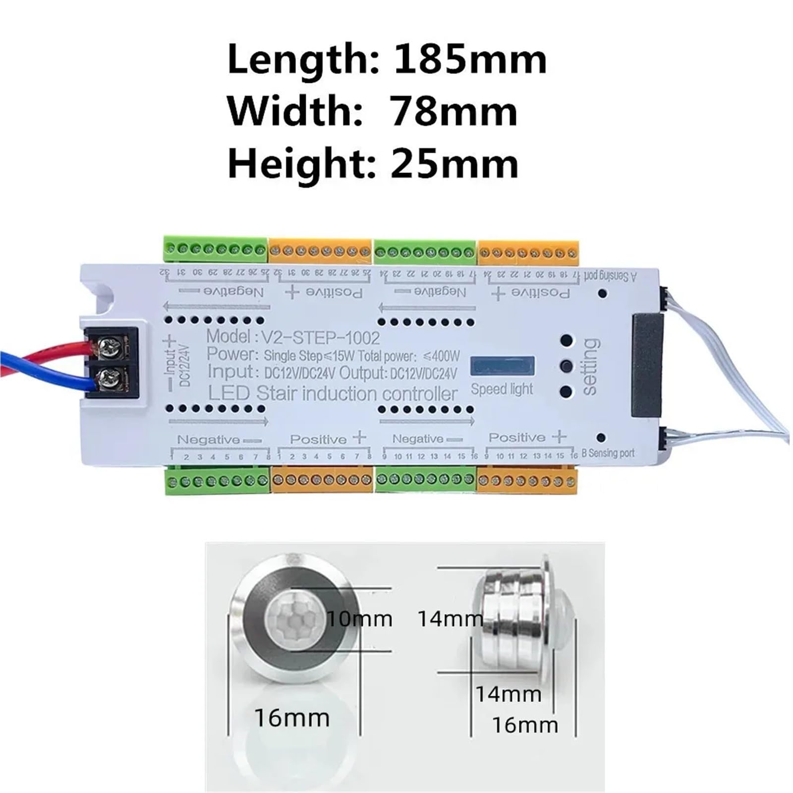 Tira de luces LED con Sensor movimiento PIR for escaleras, cinta lámpara SMD 5050 12V, controlador pasos escalera 32 canales, fuente alimentación y cable conexión(Stair Controller)