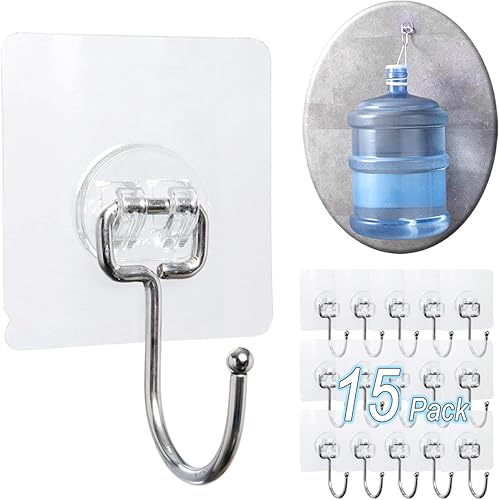 Miniatura 8 de Paquete de 15 ganchos grandes de pared adhesivos dobles, sin daños, impermeables, de 33 libras máximo, resistentes, para colgar, transparentes, sin