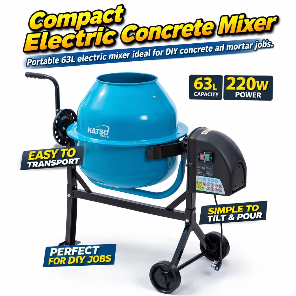 KATSU Tools Betoniera Elettrica 63L - 220W Portatile Malta Cemento Mixer con Ruote, Supporto e Maniglia Ribaltabile, Ideale per Fai Da Te e Costruzione, Modello 167340