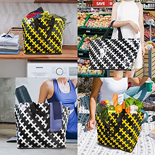 Reusable Grocery Bags 4-Pack Foldable Shopping Totes Bags 36L Washable Super Strong Bag Waterproof Large Storage Bags (Yellow and White) - Thumbnail 6