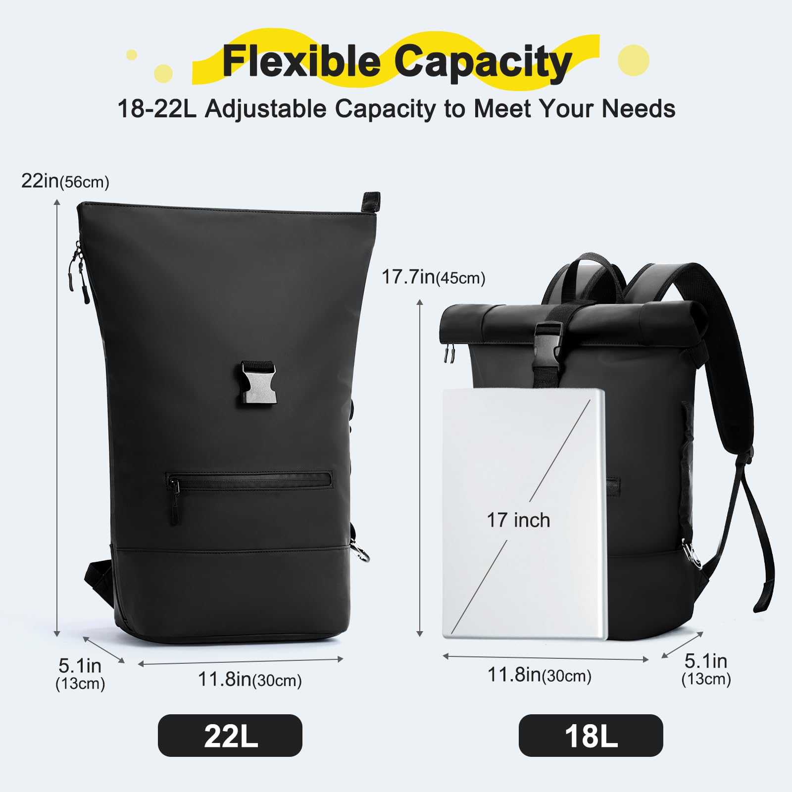 Zaino arrotolabile impermeabile per computer portatile per uomini e donne, zaino per laptop da 17 pollici con fibbia multifunzionale per arrampicata, per scuola, viaggi, lavoro e affari