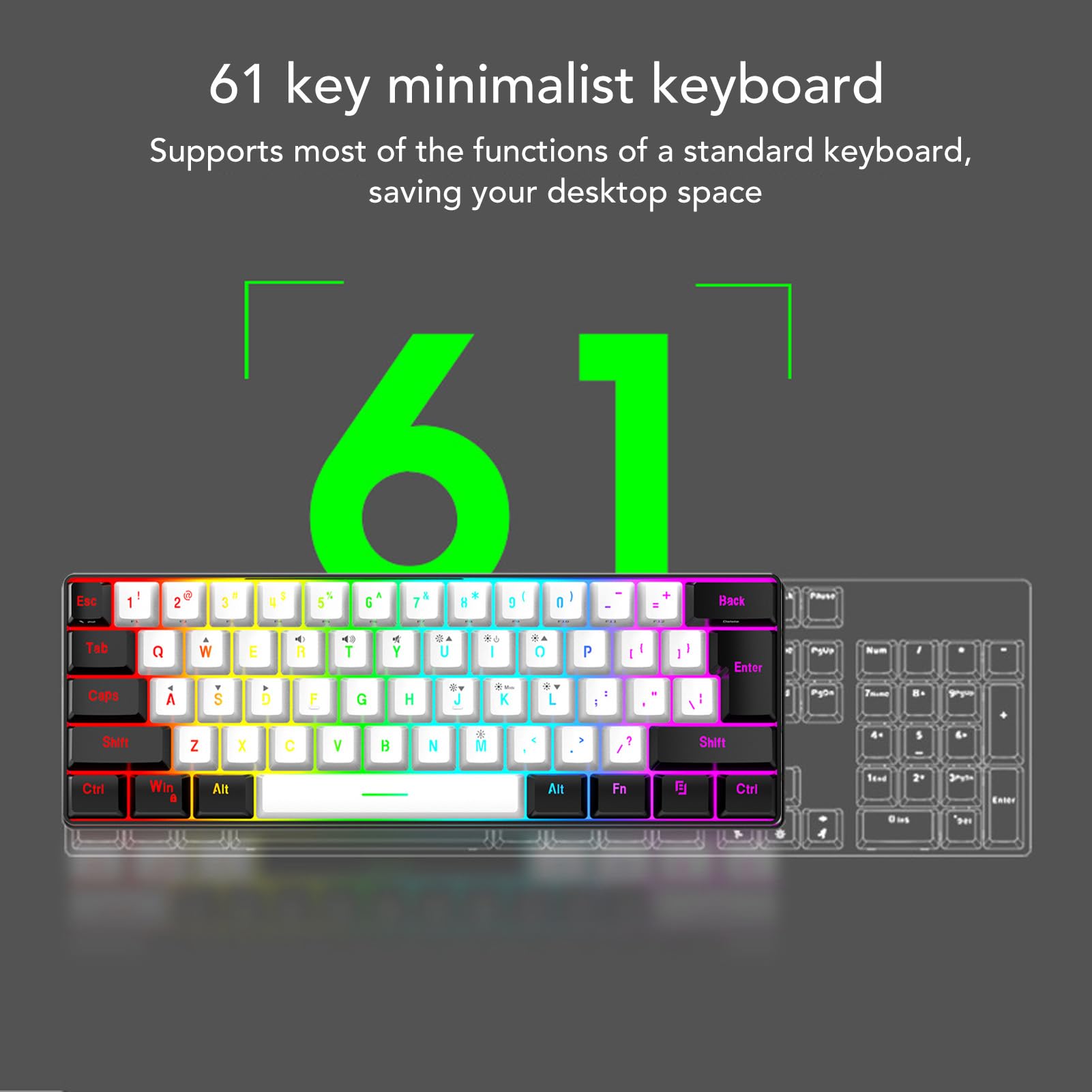 GOWENIC Tastiera da Gioco a 61 Tasti Illuminata RGB | Tastiera Cablata Retroilluminata a LED con Mouse per Tablet Portatile (Cornice nera centrale bianca)