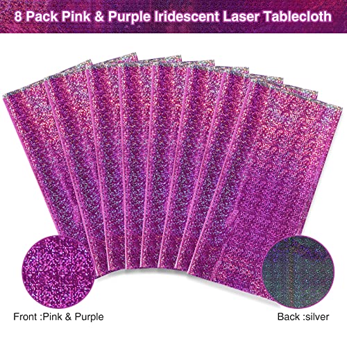 Image of 8 Pack Iridescence Plastic Tablecloths Shiny Disposable Laser Rectangle Table Covers Holographic Foil Tablecloth Iridescent Kpop Birthday Bridal Wedding Party Decoration, 54 inch x 108 inch(Pink & Purple)