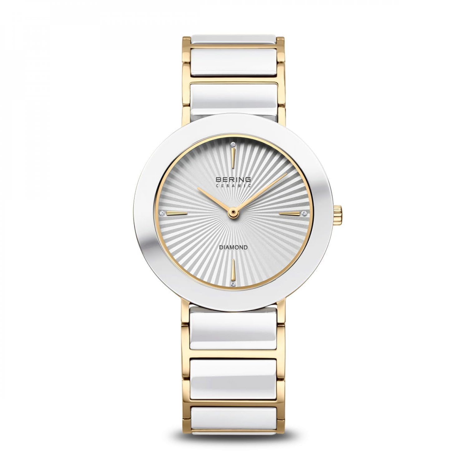BERING Ceramic Damenuhr 11435-758, Quarz, Edelstahl mit Keramik, Silber-Gold, Saphirglas, 4 Diamanten, 34 mm