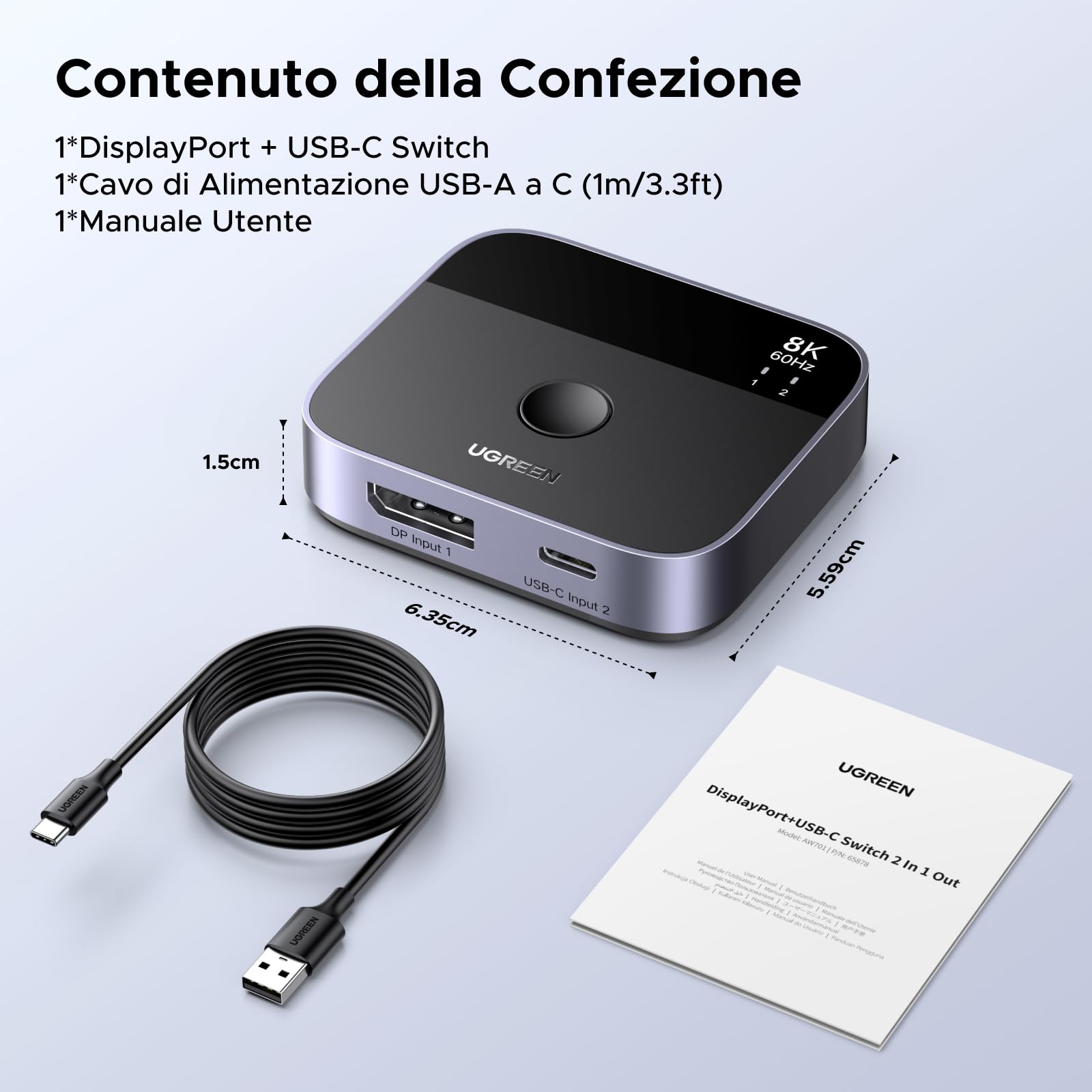 UGREEN Switch DisplayPort USB C 8K60Hz 2 Ingressi 1 Uscita DP 1.4 Commutatore USB C DisplayPort Supporta 3D HDR10+ HDCP2.3 Alta Risoluzione Compatibile con PC PS5 4 Xbox One X Series Steam Deck