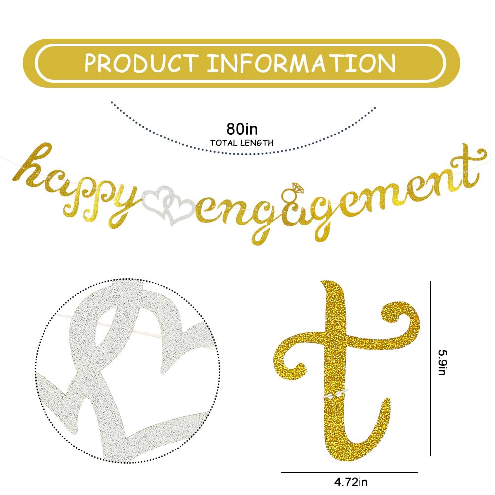 Gold Glitter Engagement Banner - Happy Engagement Party Decorations 6.5 Foot Sign